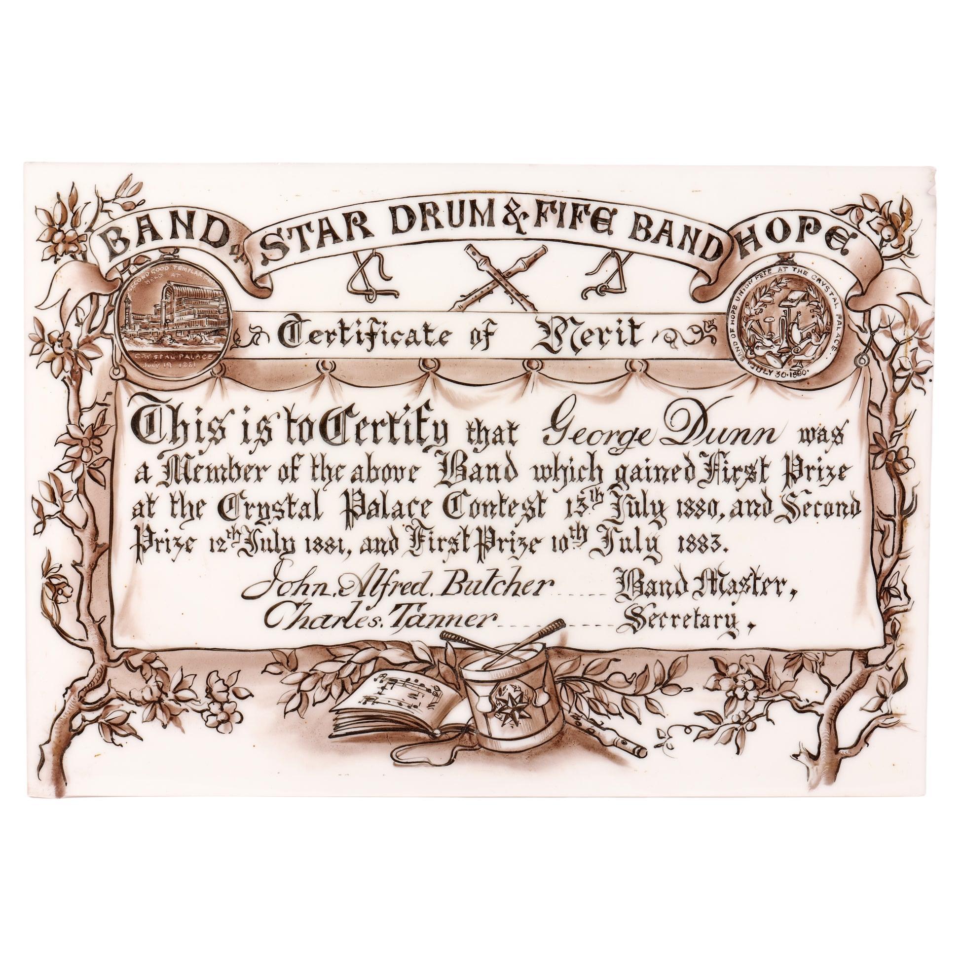Unusual Crystal Palace Band Competition Painted Glass Certificate of Merit  1883 For Sale at 1stDibs