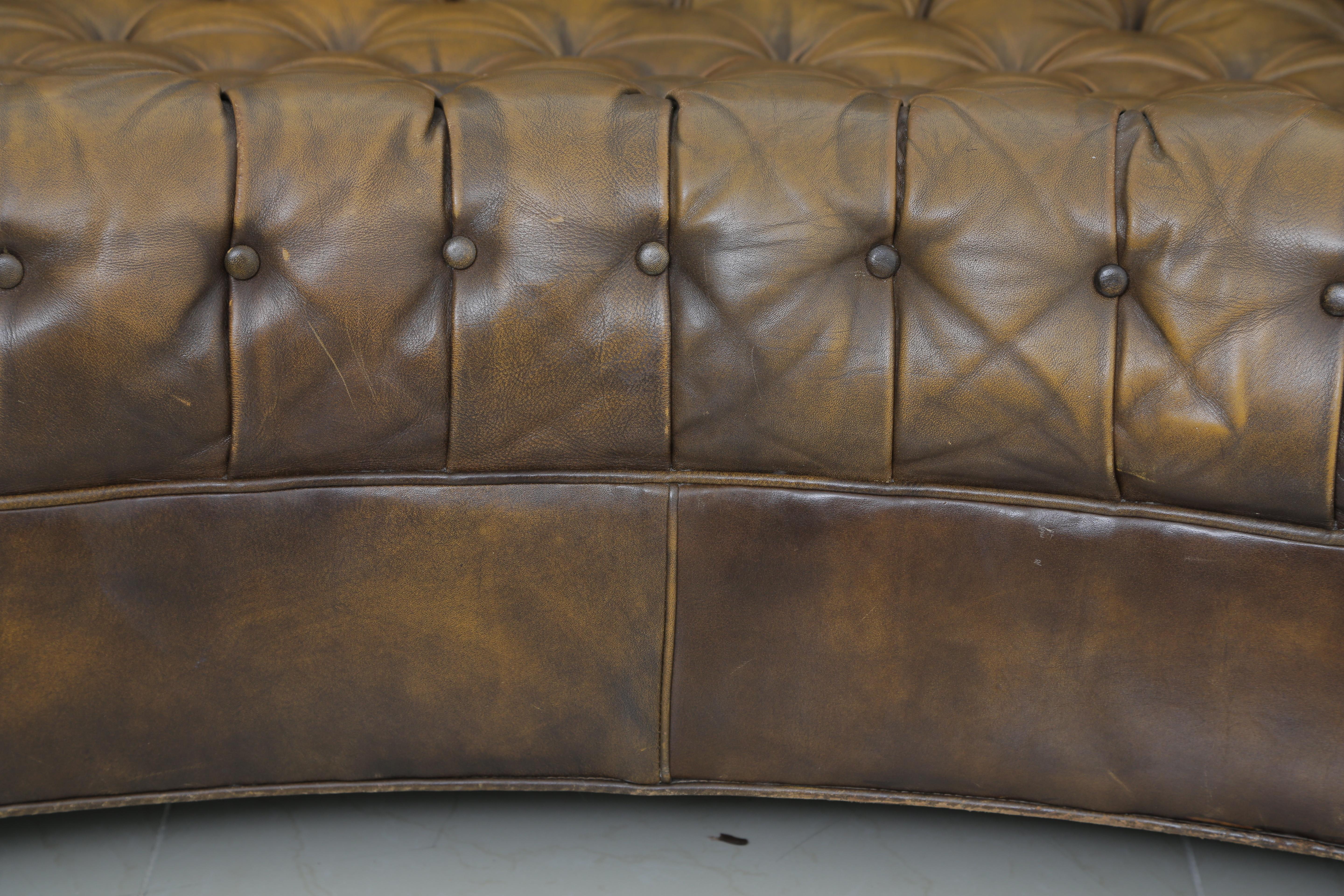 European Unusual Curve Vintage Chesterfield Leather Sofa and Chair on Wheels