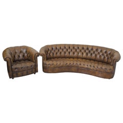 Unusual Curve Vintage Chesterfield Leather Sofa and Chair on Wheels