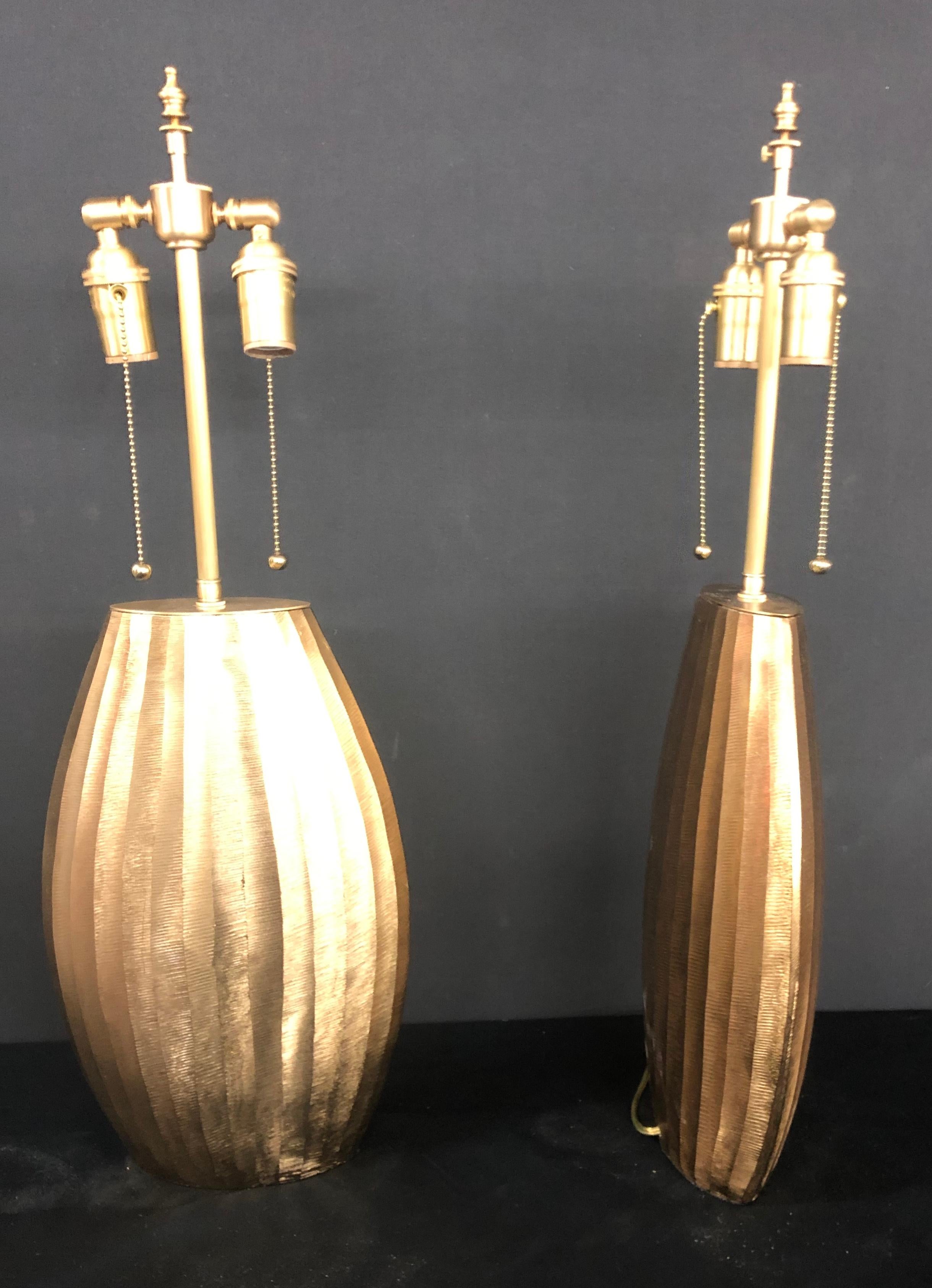Contemporary Unusual Custom Pair of Textured Brass Vessels with Lamp Application For Sale