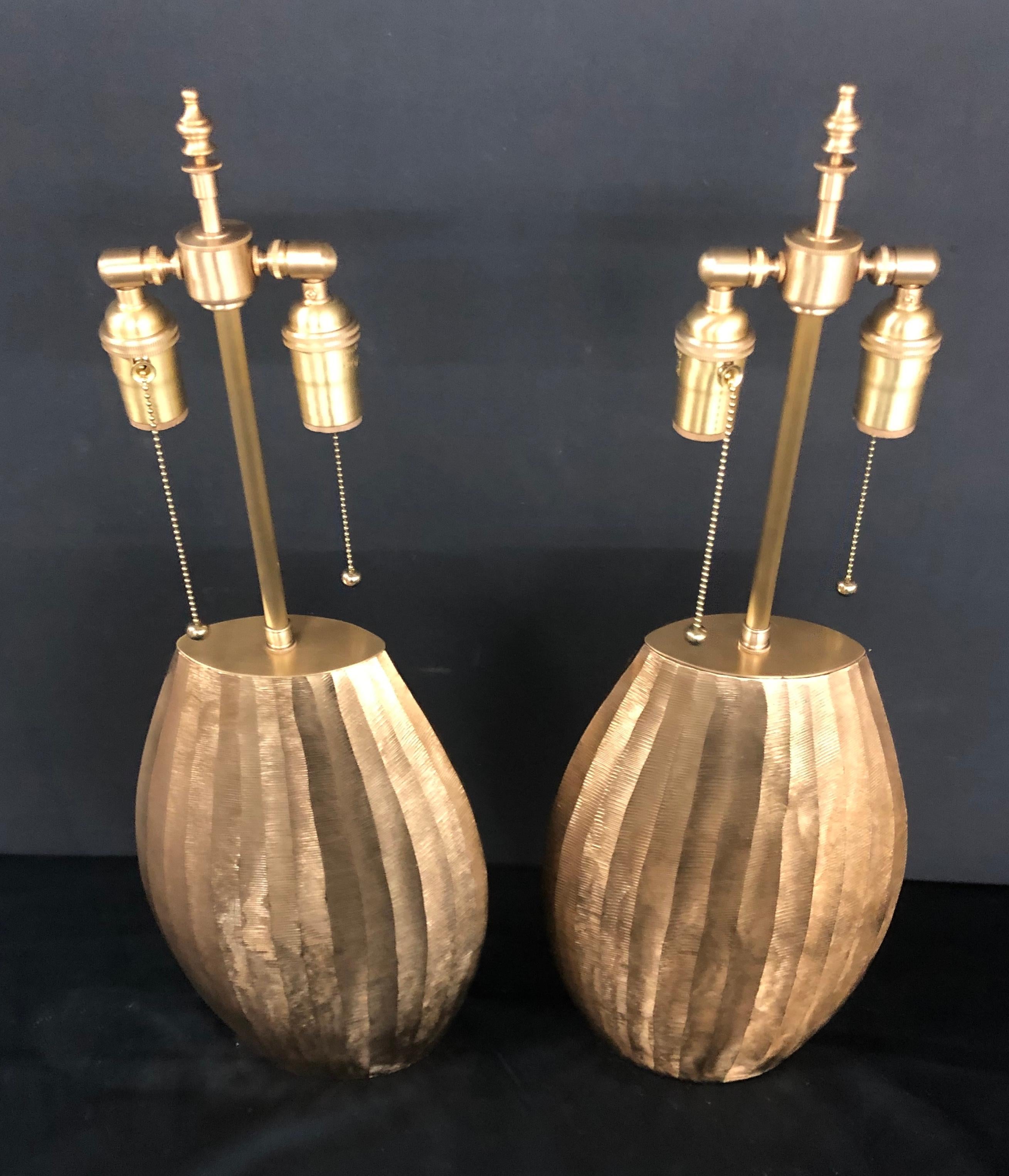 Metal Unusual Custom Pair of Textured Brass Vessels with Lamp Application For Sale