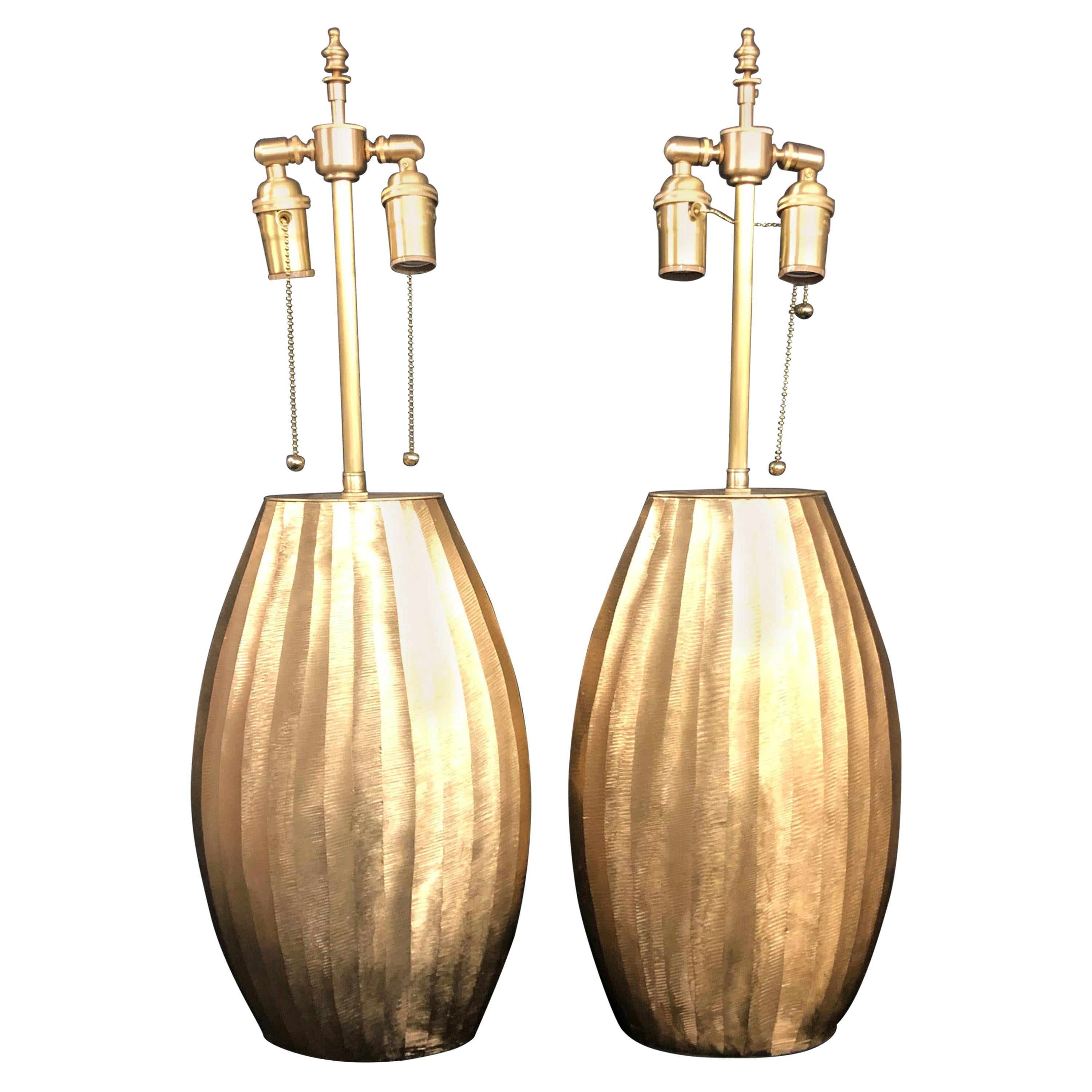 Unusual Custom Pair of Textured Brass Vessels with Lamp Application For Sale