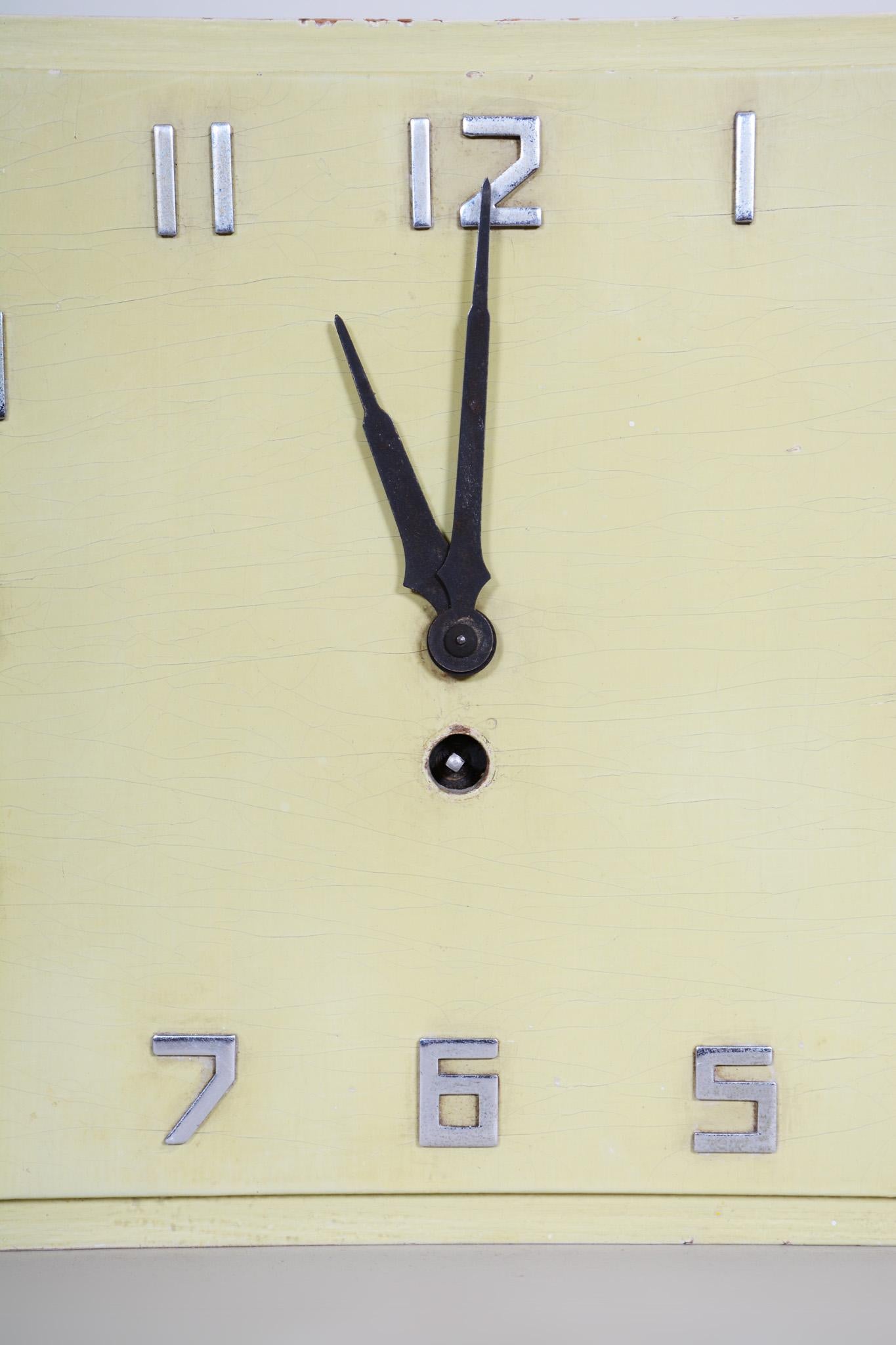 Unusual Czech Midcentury Bauhaus Wall Clock, Lacquered Wood, 1930s 1