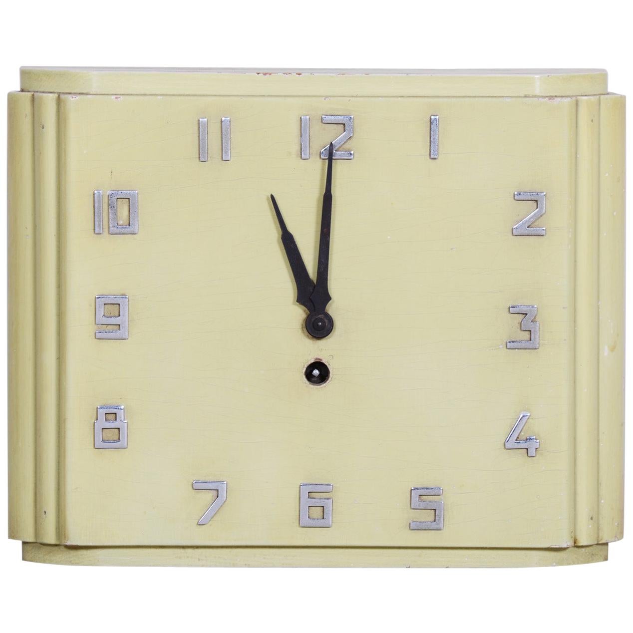 Unusual Czech Midcentury Bauhaus Wall Clock, Lacquered Wood, 1930s