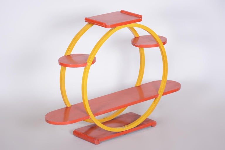20th Century Unusual Czech Midcentury Yellow and Red Flower Stand, Lacquered Wood, 1940s For Sale
