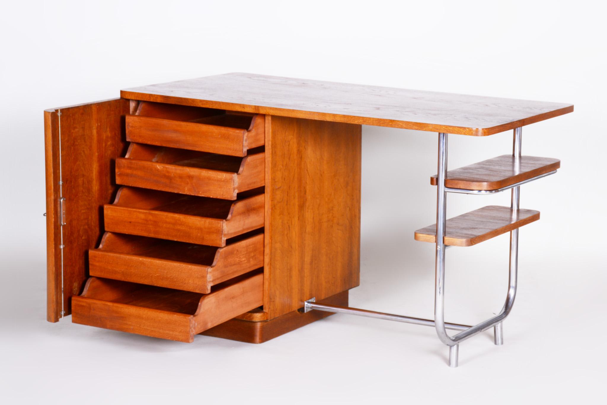 Unusual Czech Oak Bauhaus Chrome Writing Desk by Hynek Gottwald, 1930s 1