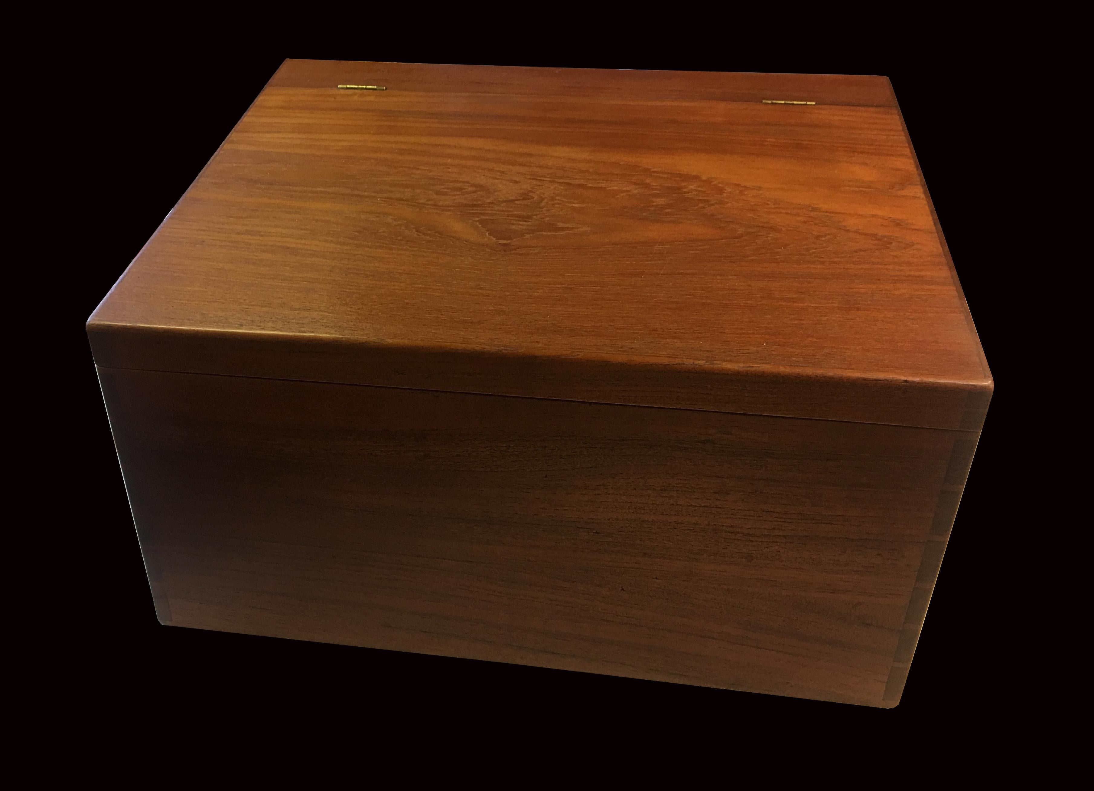 A very nicely made teak box with dovetailed sides, and with keyhole shaped holes for wall mounting in the back, and a small circular hole in one bottom corner, possibly for an electrical lead ?, we are not sure of the original use, but it's an
