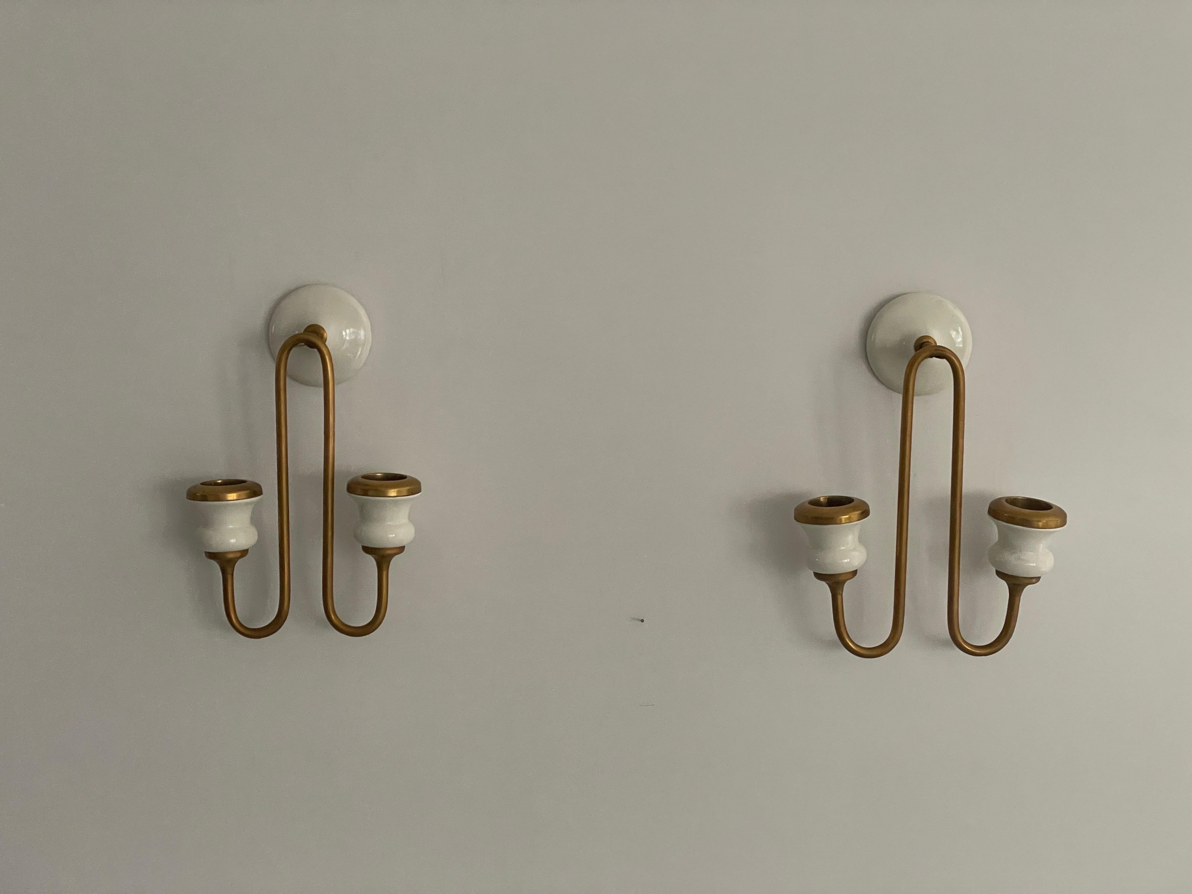 Mid-Century Modern Unusual Design Ceramic and Metal Sconces in Candlestick Form, 1950s, Italy For Sale