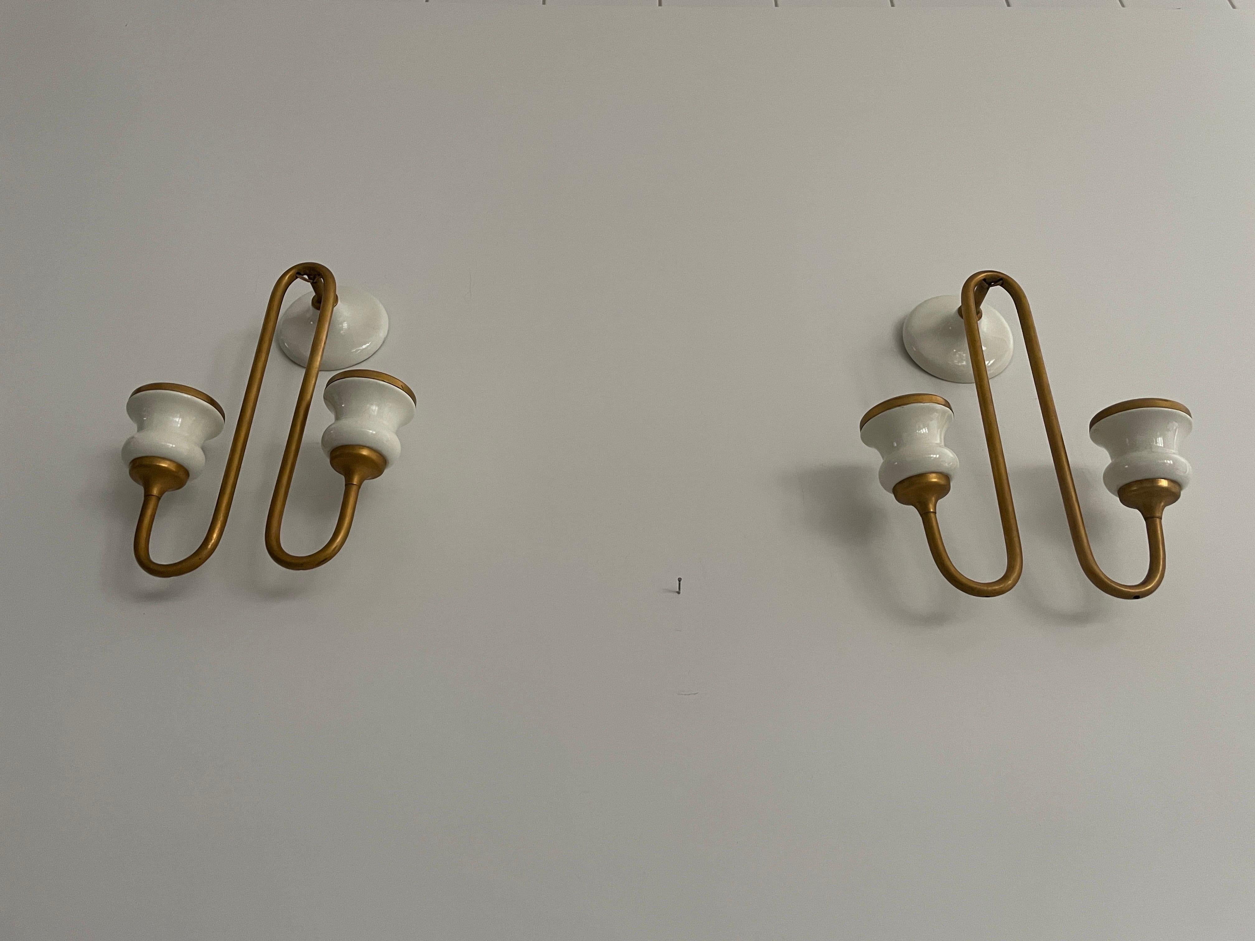 Unusual Design Ceramic and Metal Sconces in Candlestick Form, 1950s, Italy In Excellent Condition For Sale In Hagenbach, DE