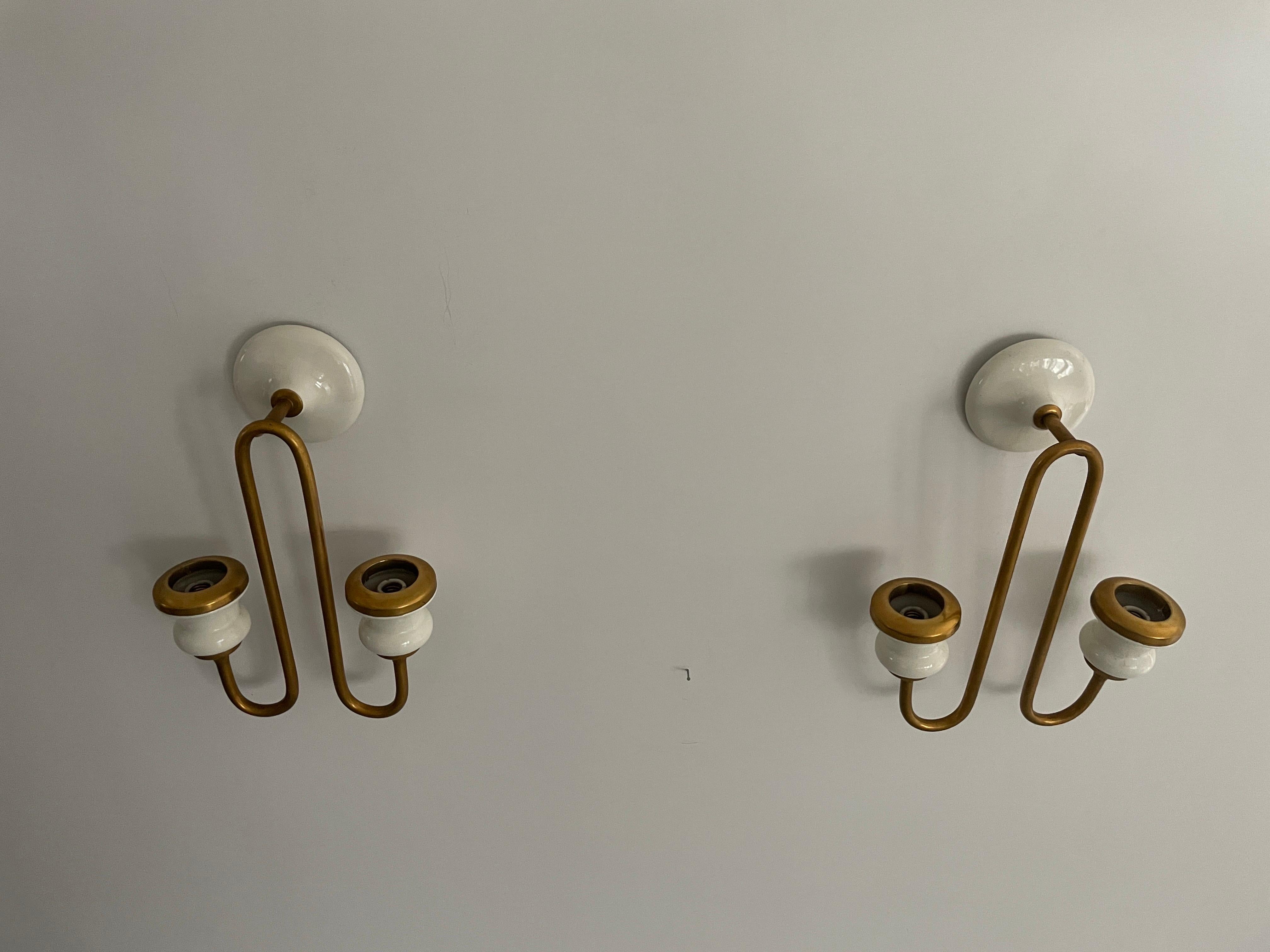 Mid-20th Century Unusual Design Ceramic and Metal Sconces in Candlestick Form, 1950s, Italy For Sale