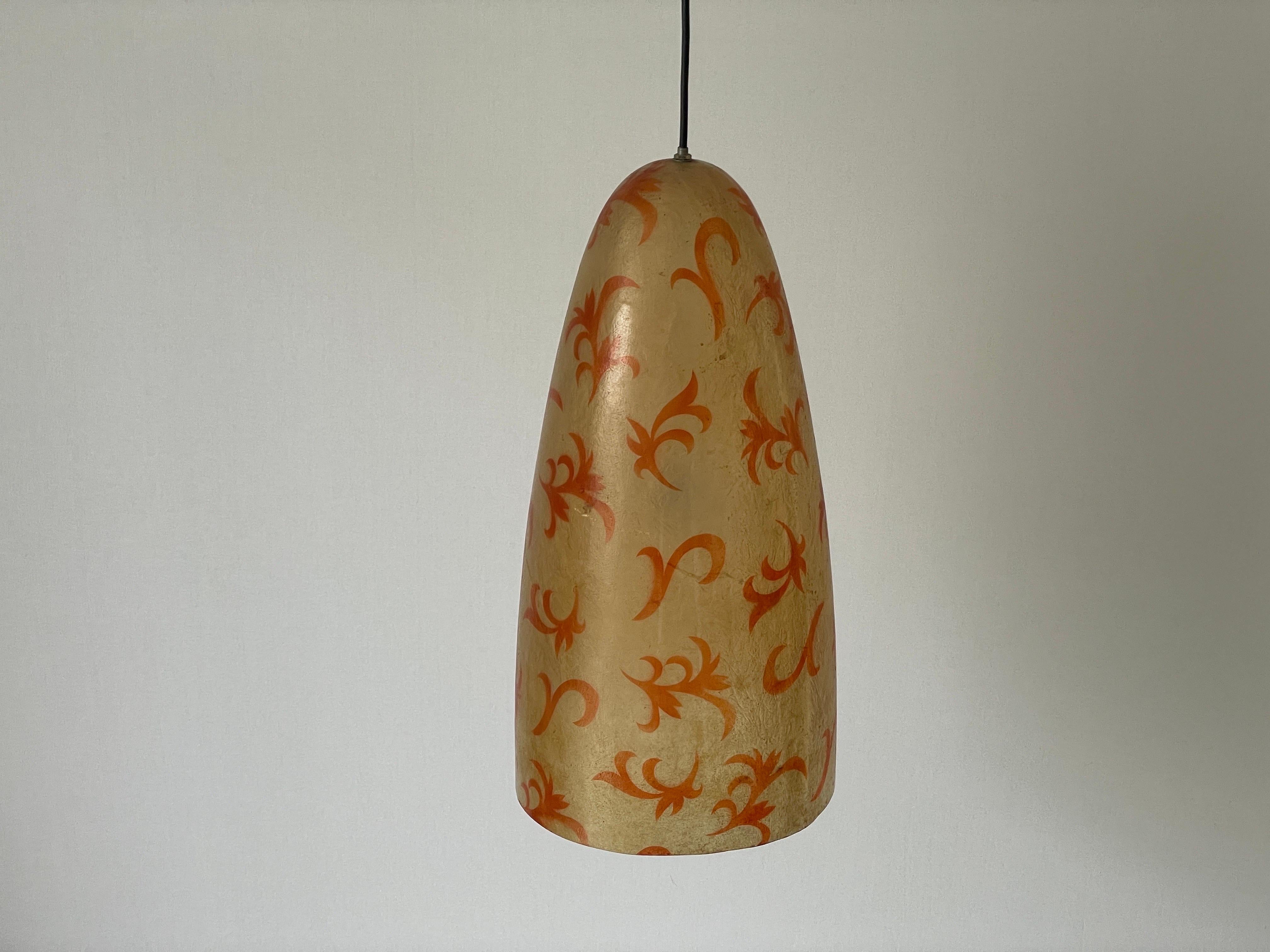 Unusual Design Polyester Pendant Lamp with Floral Art Signs, 1960s, Italy

Lampshade is in very good vintage condition.

This lamp works with E14 light bulbs. 
Wired and suitable to use with 220V and 110V for all countries.

Measurements:
Height: