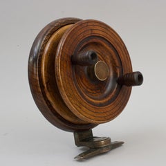 Unusual Design Walnut and Brass Fishing Reel