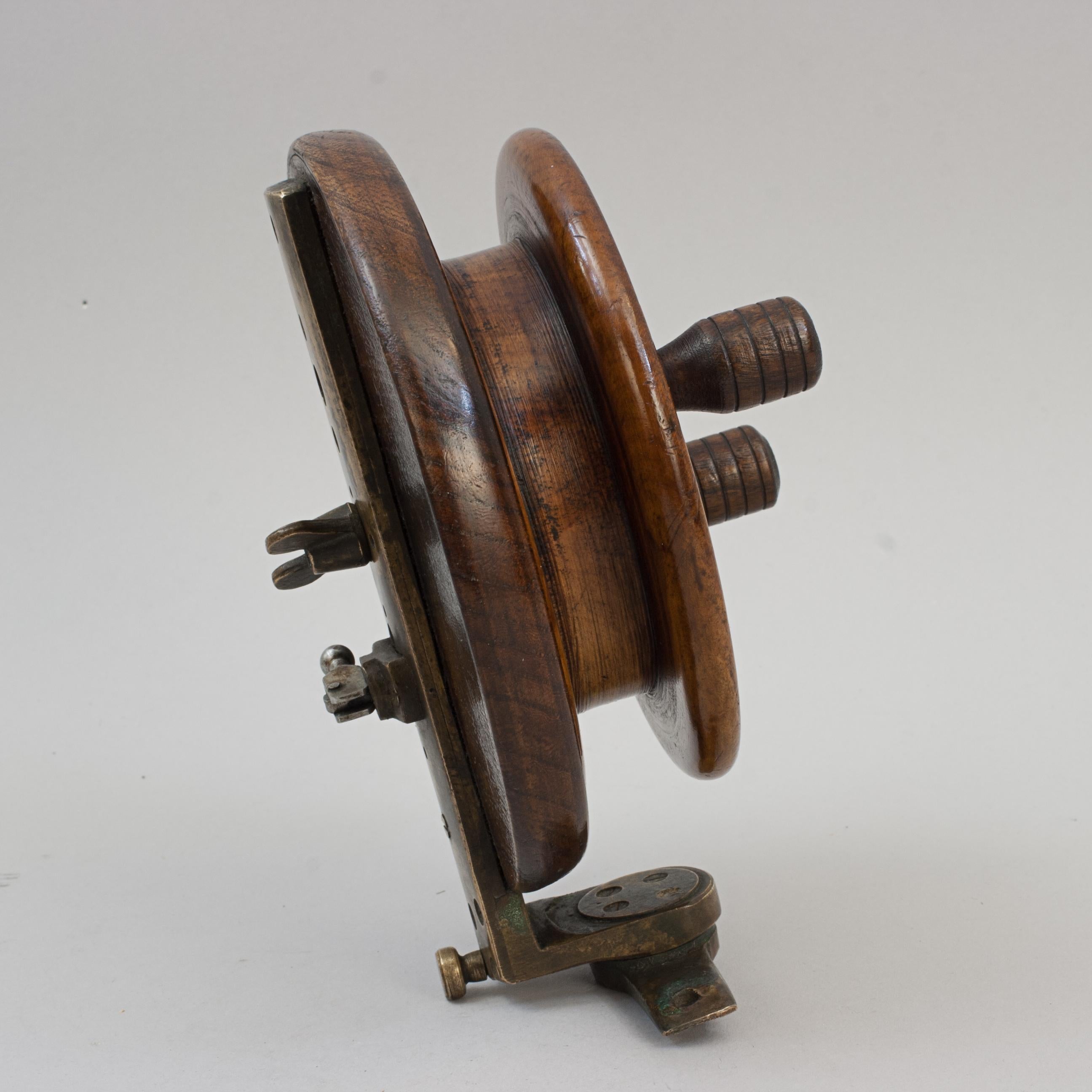 Edwardian Unusual Design Walnut and Brass Fishing Reel For Sale