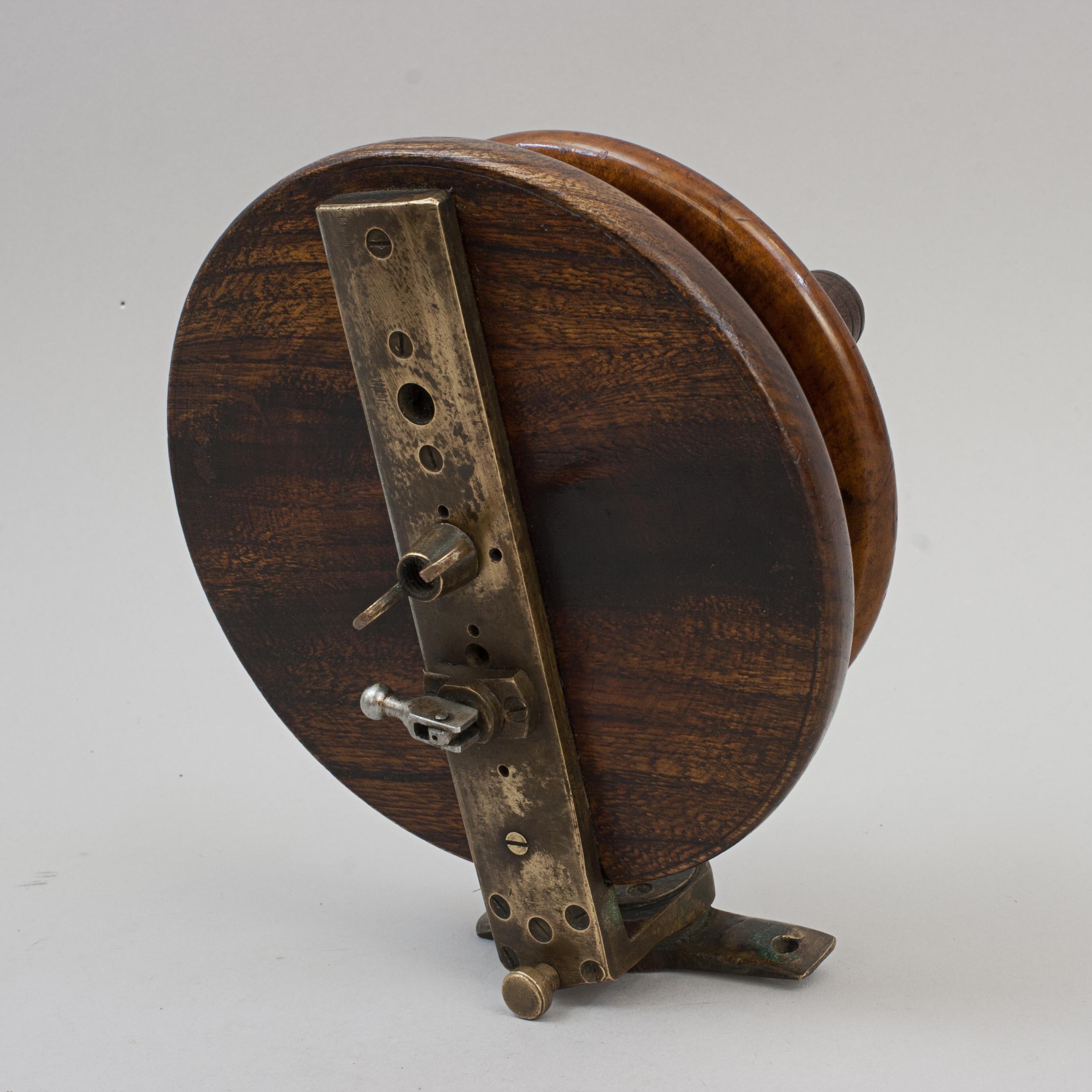 British Unusual Design Walnut and Brass Fishing Reel For Sale