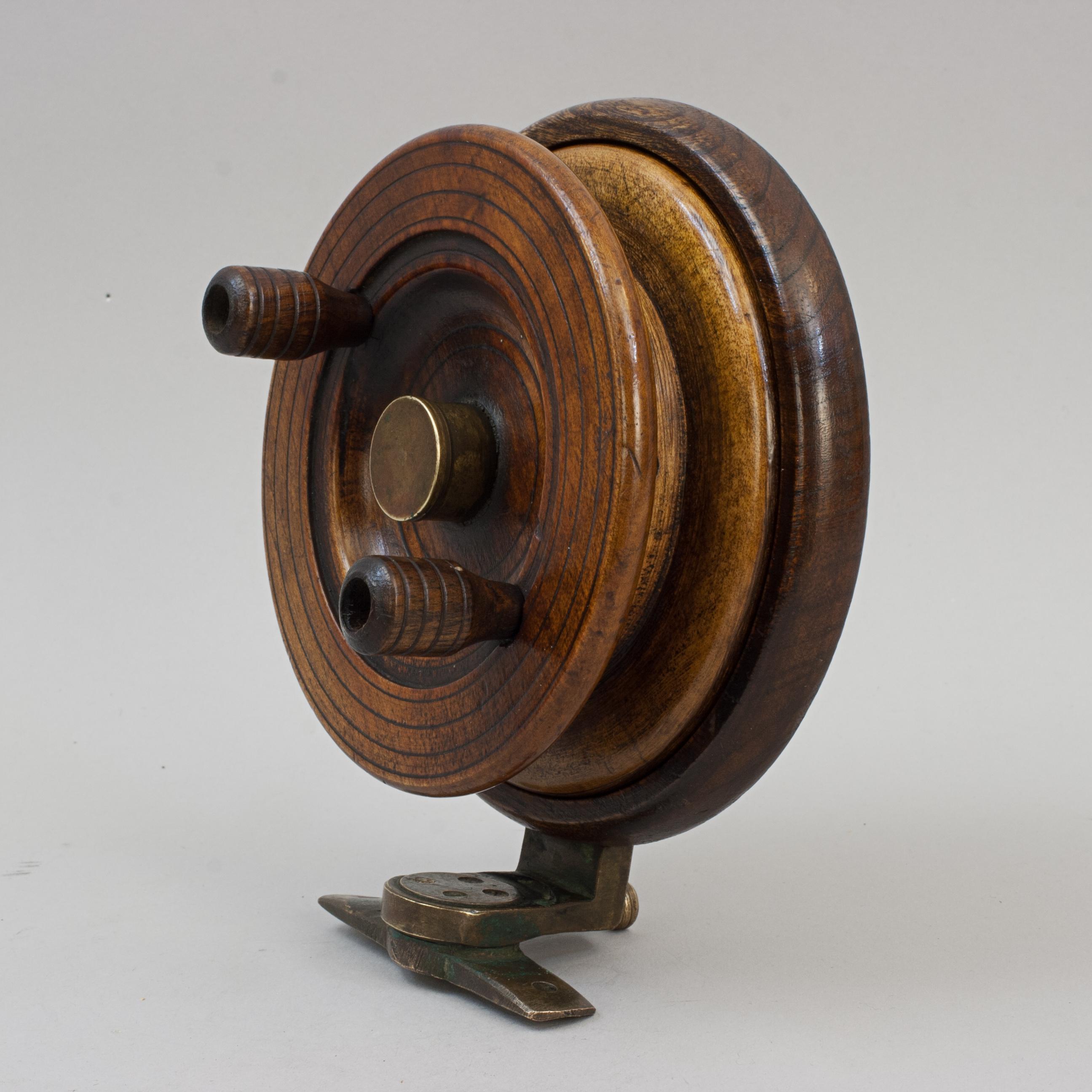 Mid-20th Century Unusual Design Walnut and Brass Fishing Reel For Sale