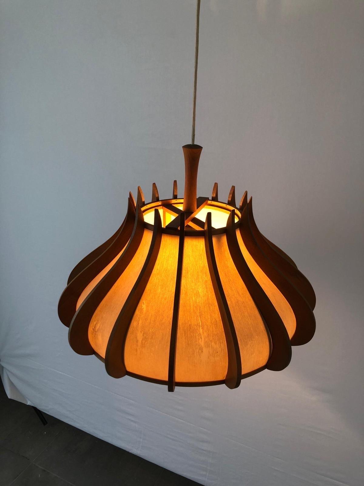 Unusual design Wood and Plastic Paper Large Pendant Lamp, 1960s, Germany For Sale 5