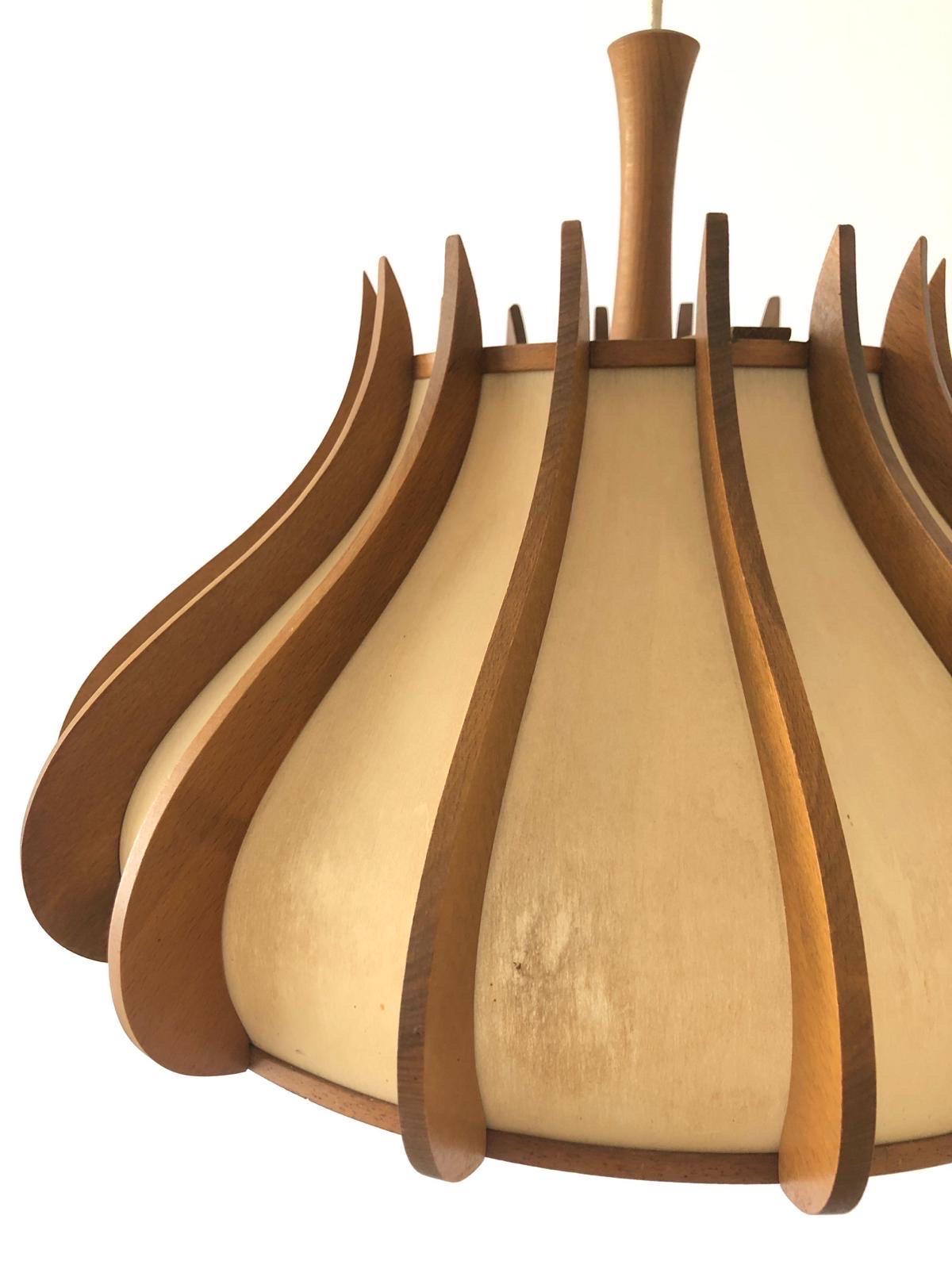 Unusual design Wood and Plastic Paper Large Pendant Lamp, 1960s, Germany For Sale 2