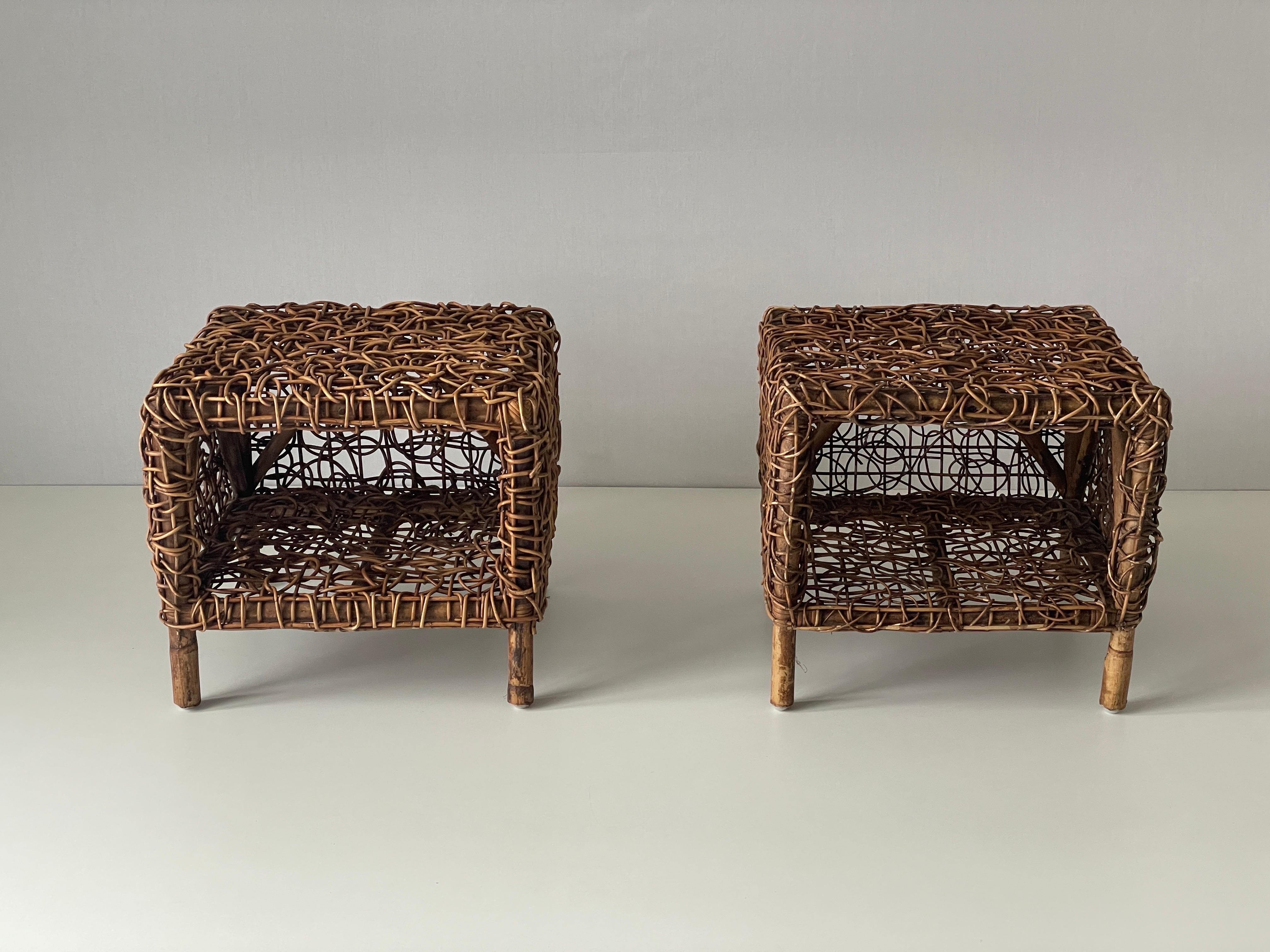 Mid-Century Modern Unusual Design Woven Bamboo Pair of Bedside Tables, 1960s, Italy For Sale