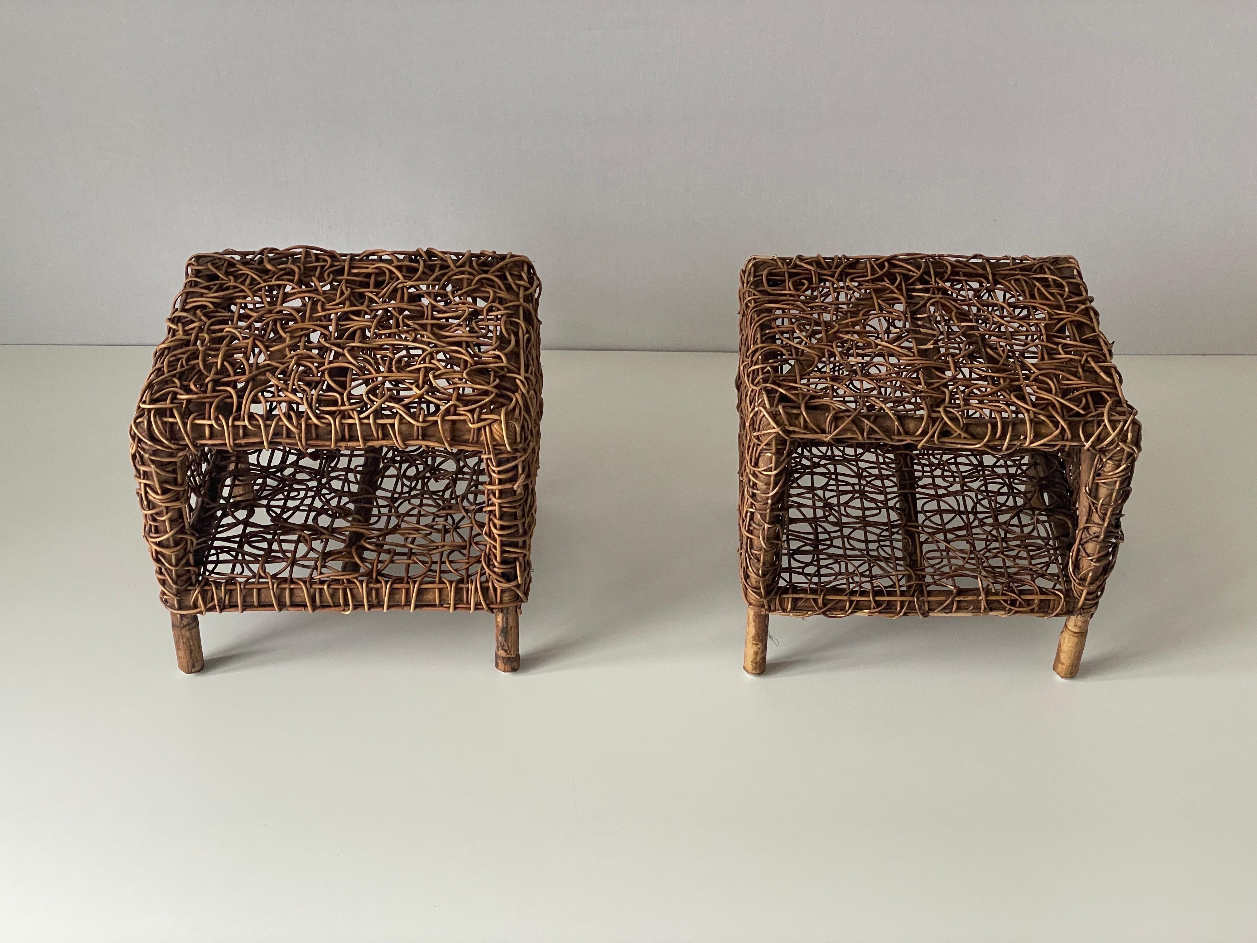 Italian Unusual Design Woven Bamboo Pair of Bedside Tables, 1960s, Italy For Sale