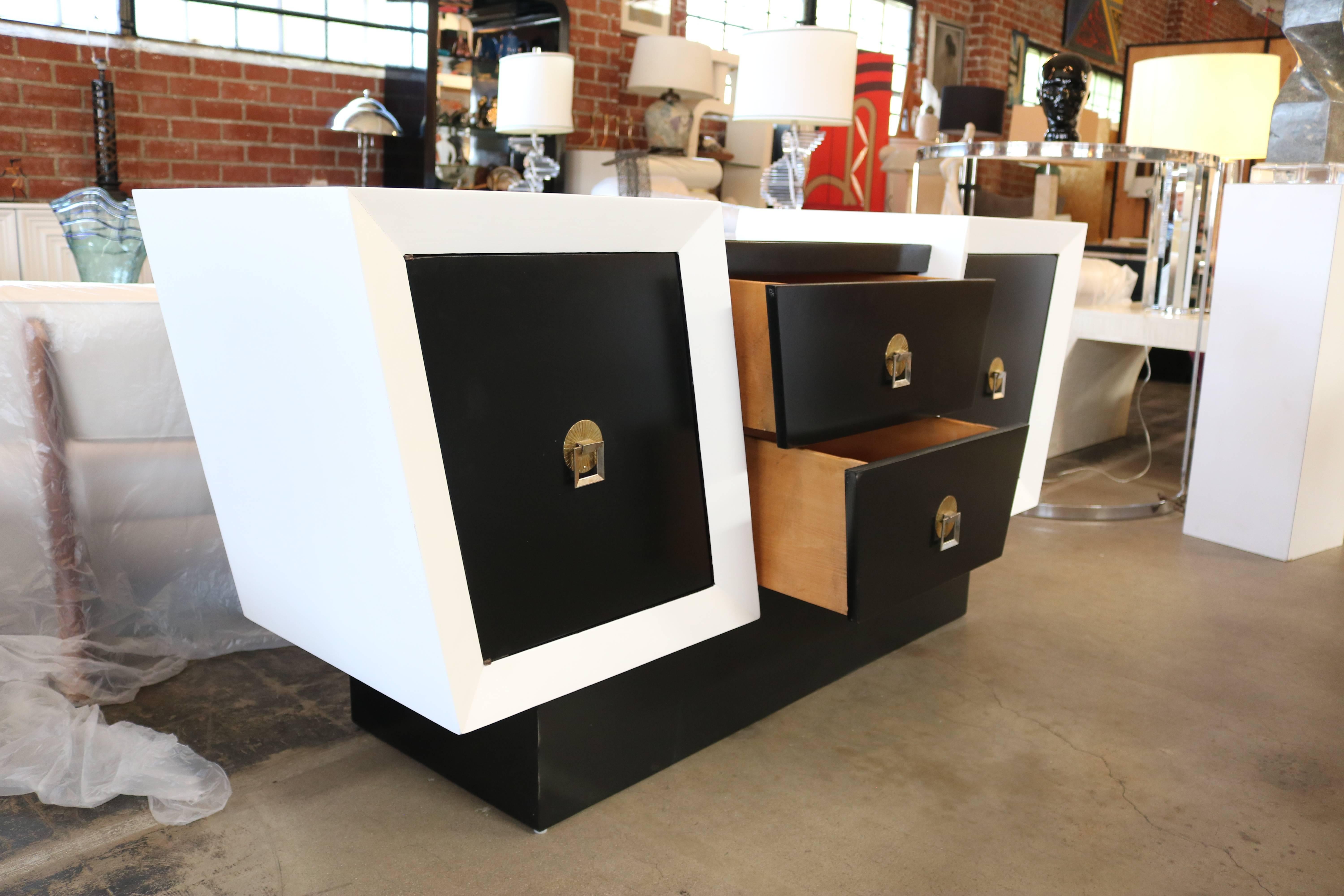 Lacquered Unusual Diagonal Black and White Lacquer Oak Credenza