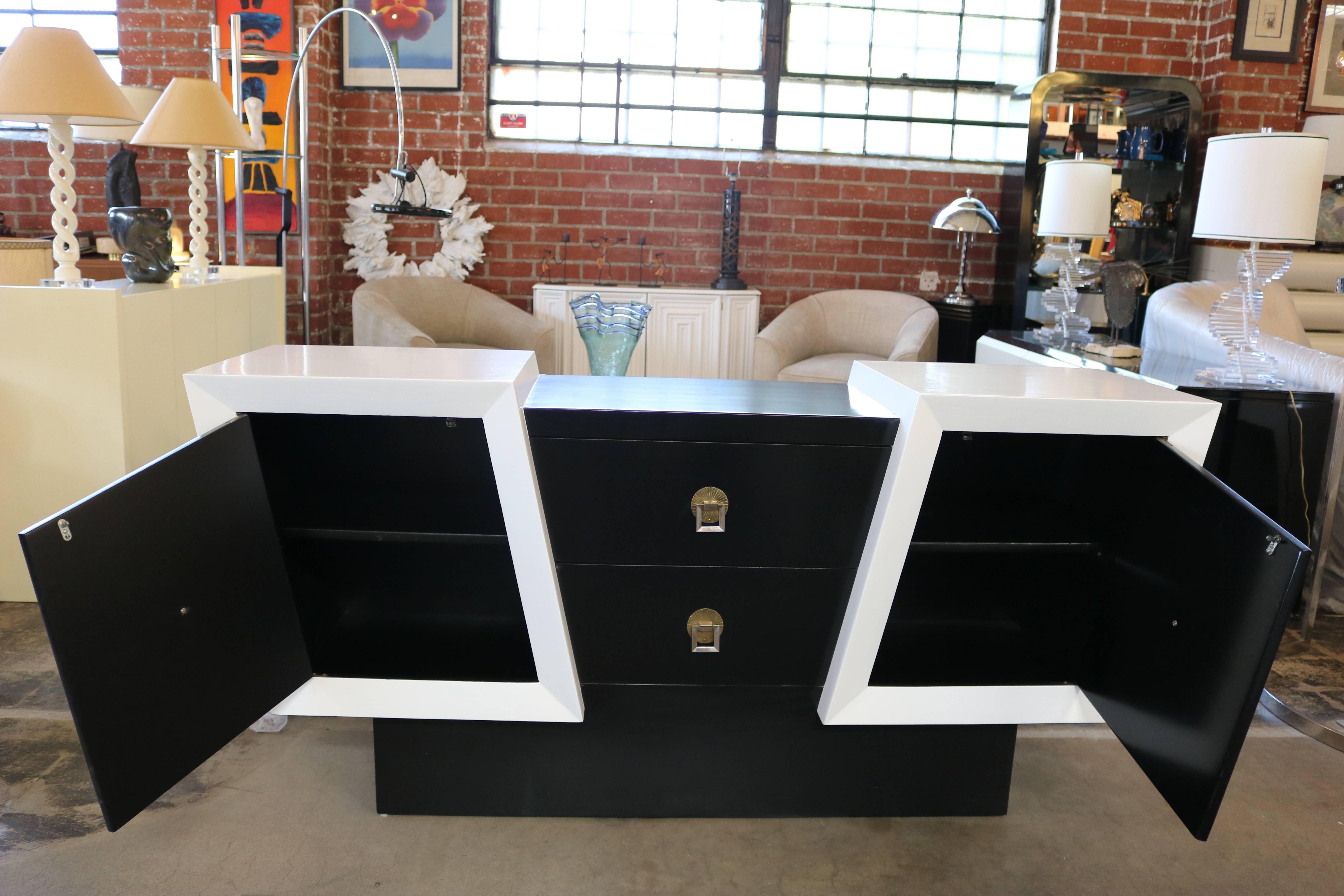 Unusual Diagonal Black and White Lacquer Oak Credenza In Excellent Condition In Pasadena, CA