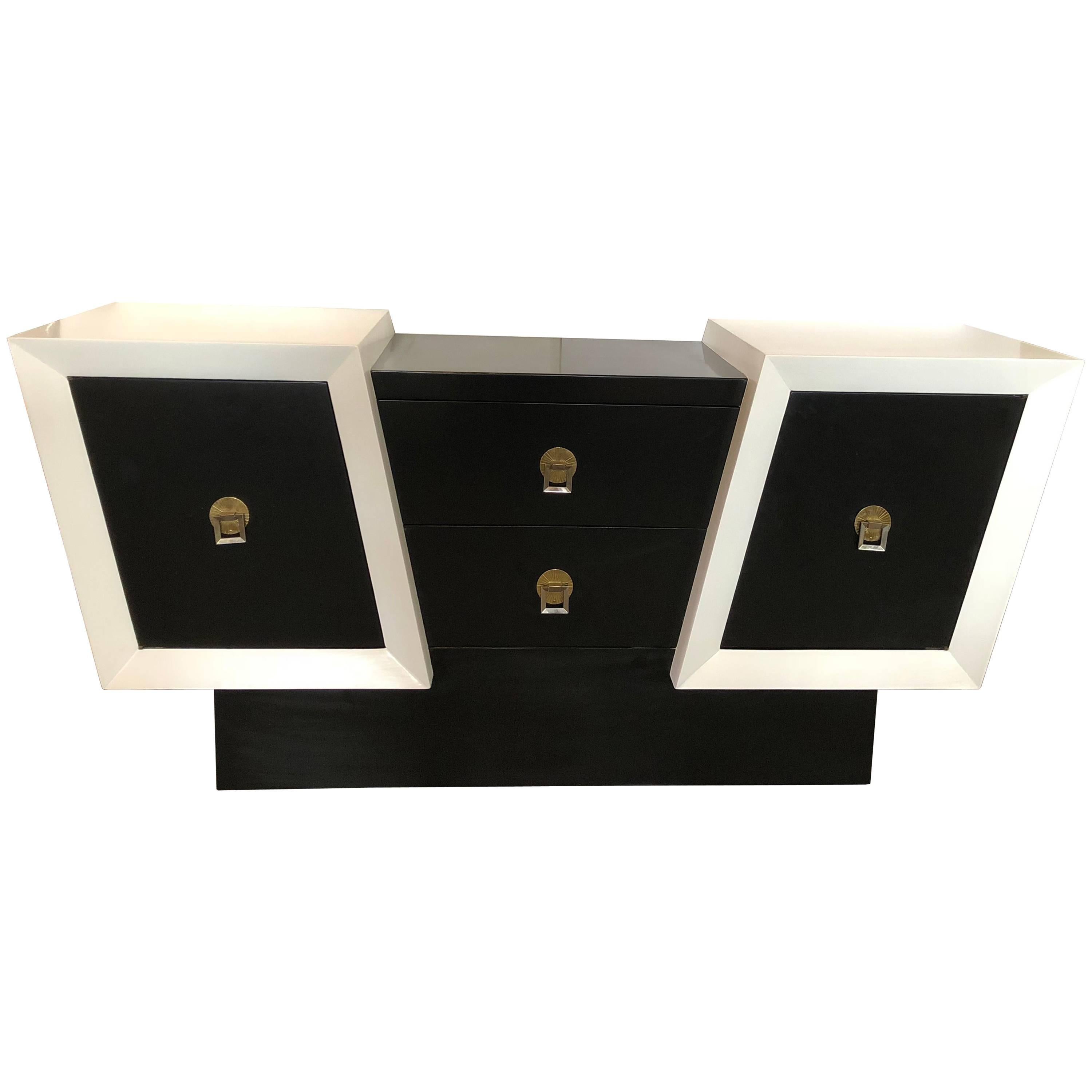 Unusual Diagonal Black and White Lacquer Oak Credenza