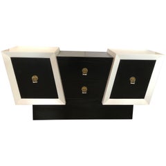 Unusual Diagonal Black and White Lacquer Oak Credenza