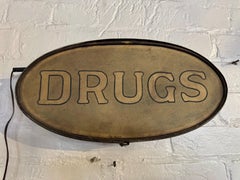 Unusual Diminutive 1920's Hand Painted Light -Up reversible DRUGS / CAFE sign.