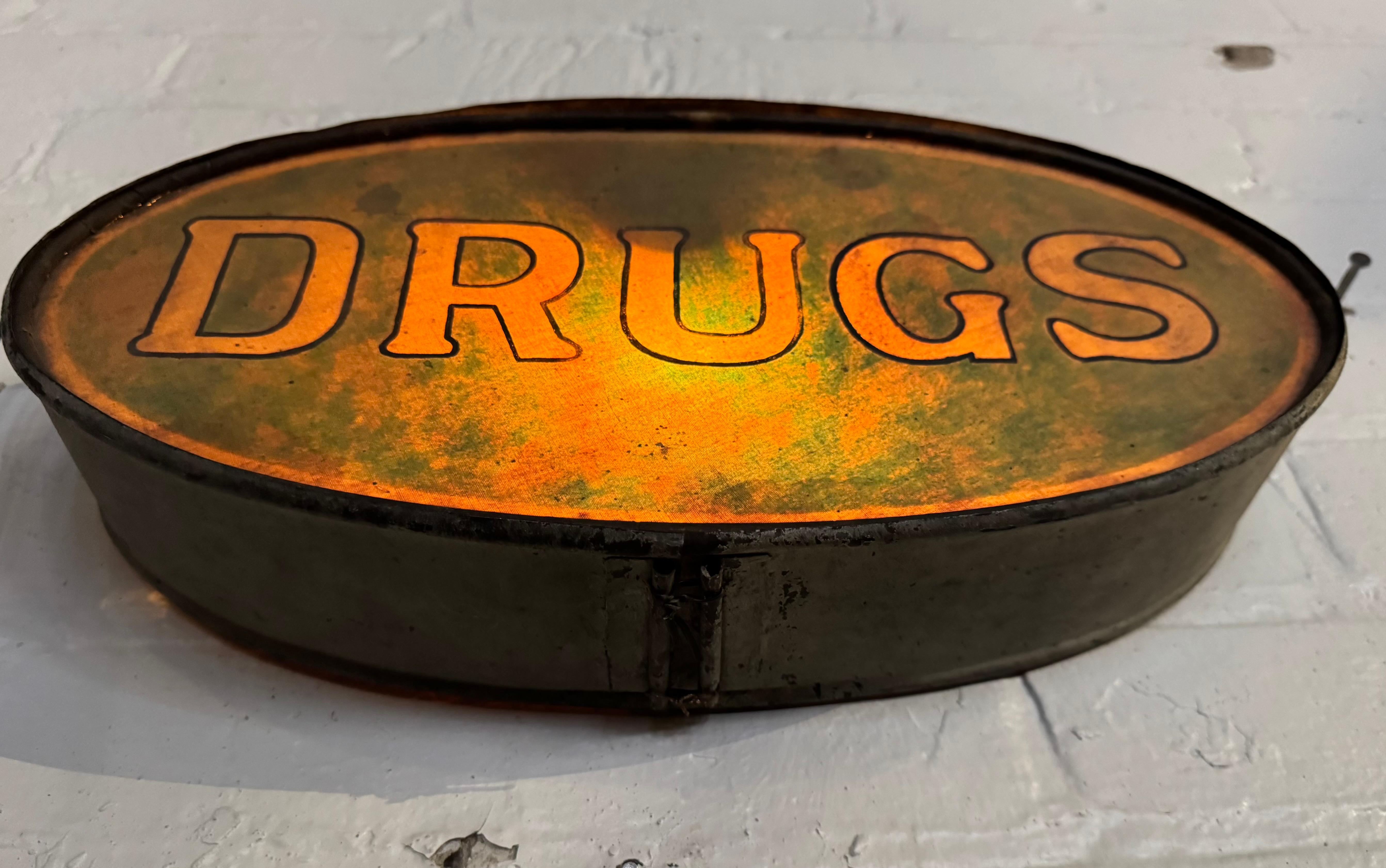 Fatto a mano Insegna reversibile DRUGS / CAFE, insolita, piccola e dipinta a mano degli anni '20.