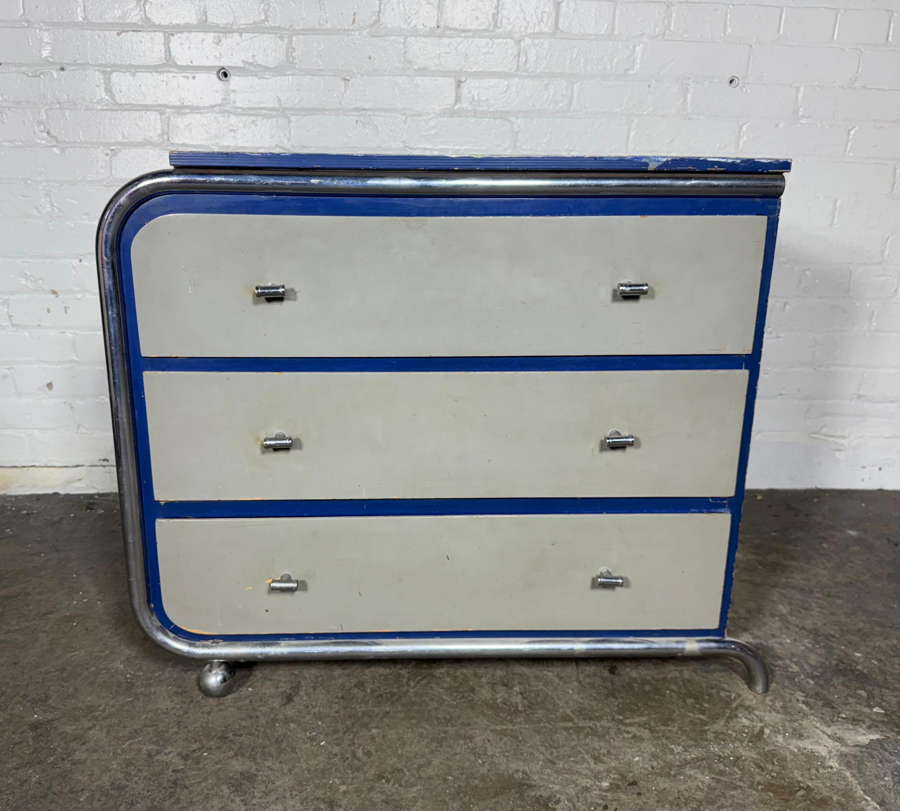Unusual diminutive Wood and Chrome Art Deco/ Machine Age Streamline Chest 4