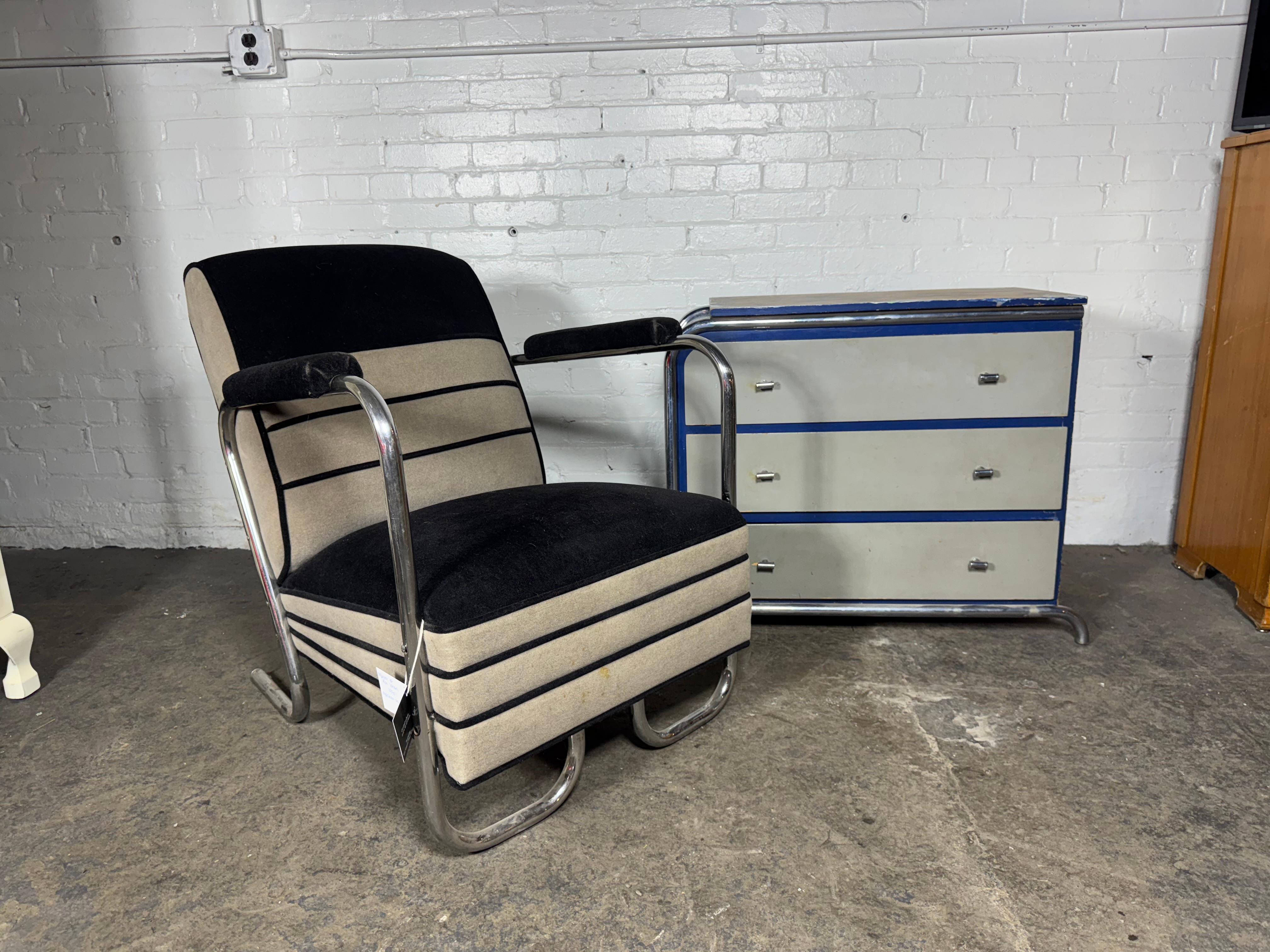 Unusual diminutive Wood and Chrome Art Deco/ Machine Age Streamline Chest .. Amazing style, design proportion,, Retains original blue painted finish.. someone started to restore (at some point) so top has been stripped, (see photo) Unusual scale and