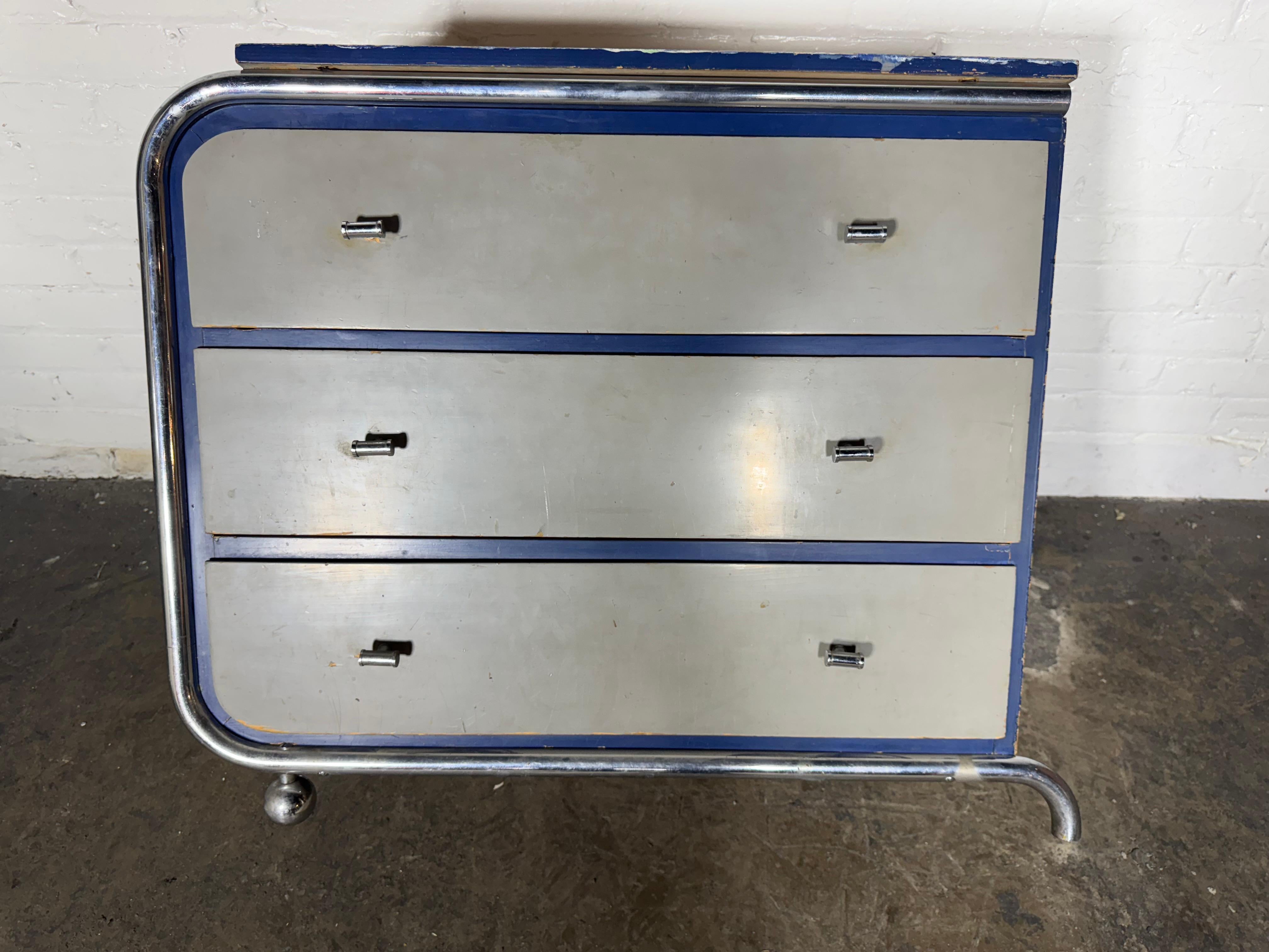 Lacquered Unusual diminutive Wood and Chrome Art Deco/ Machine Age Streamline Chest