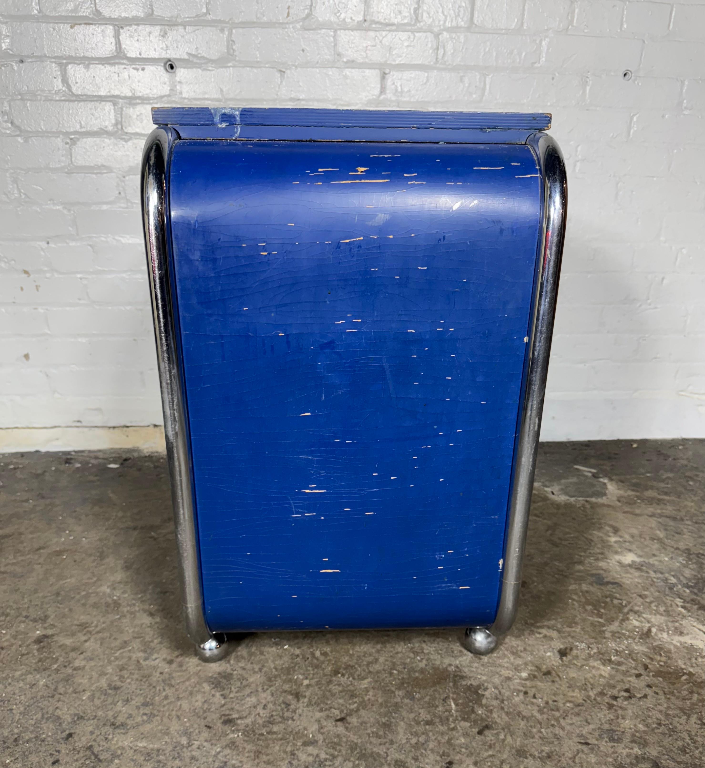 Unusual diminutive Wood and Chrome Art Deco/ Machine Age Streamline Chest 1