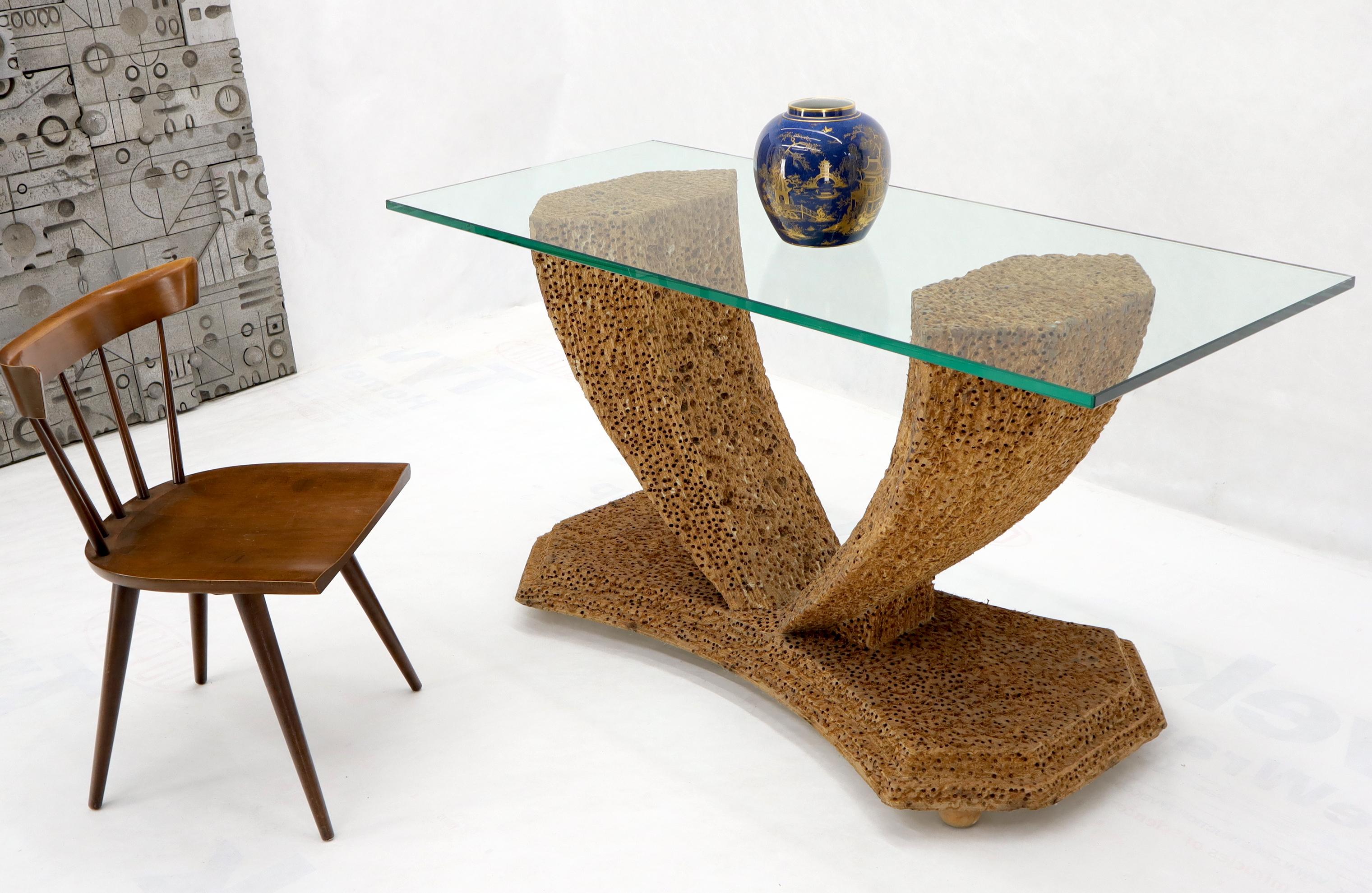 Mid-Century Modern distressed wood base glass top console table.
