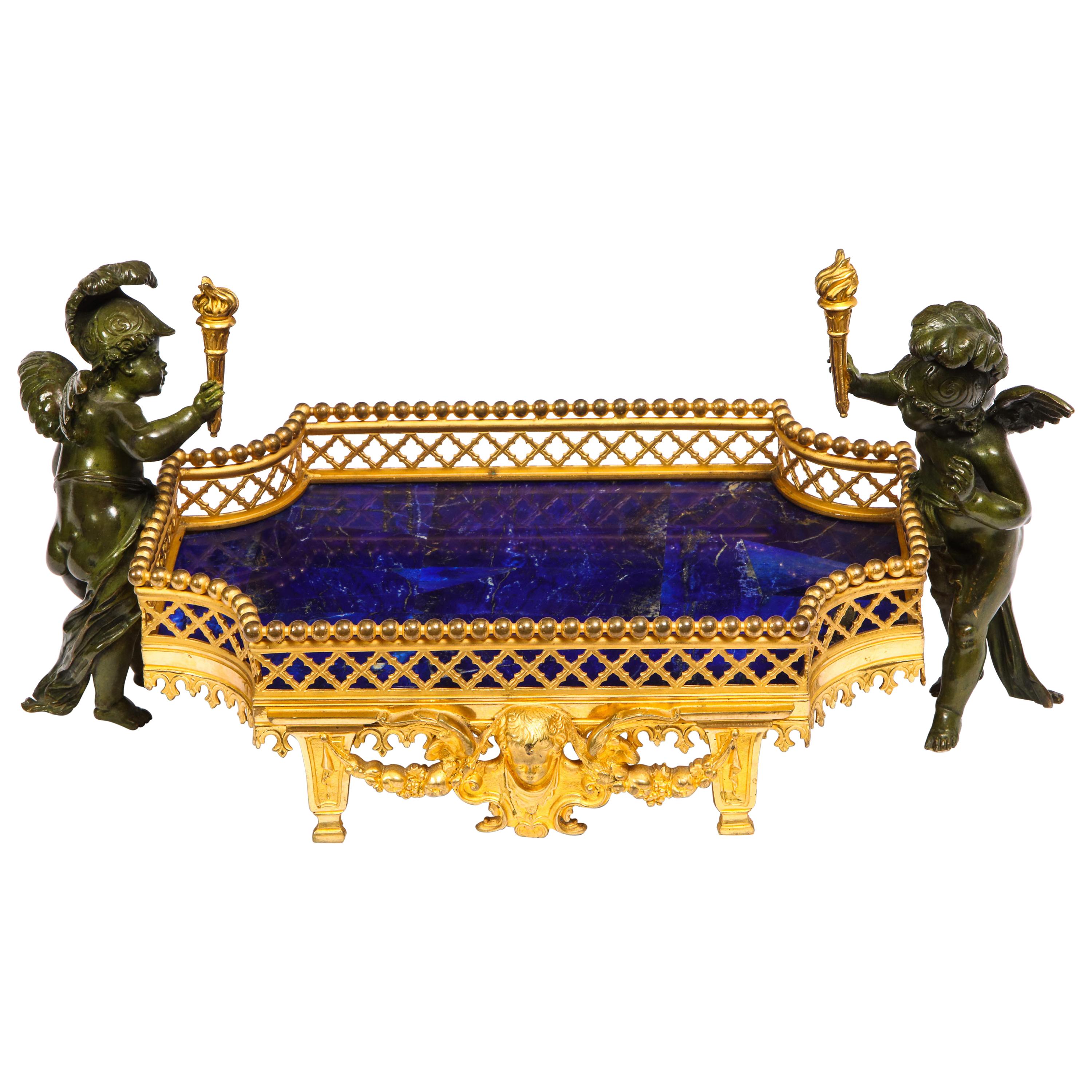 Unusual Dore Bronze, Lapis Lazuli, & Patinated Bronze Cupid Centerpiece