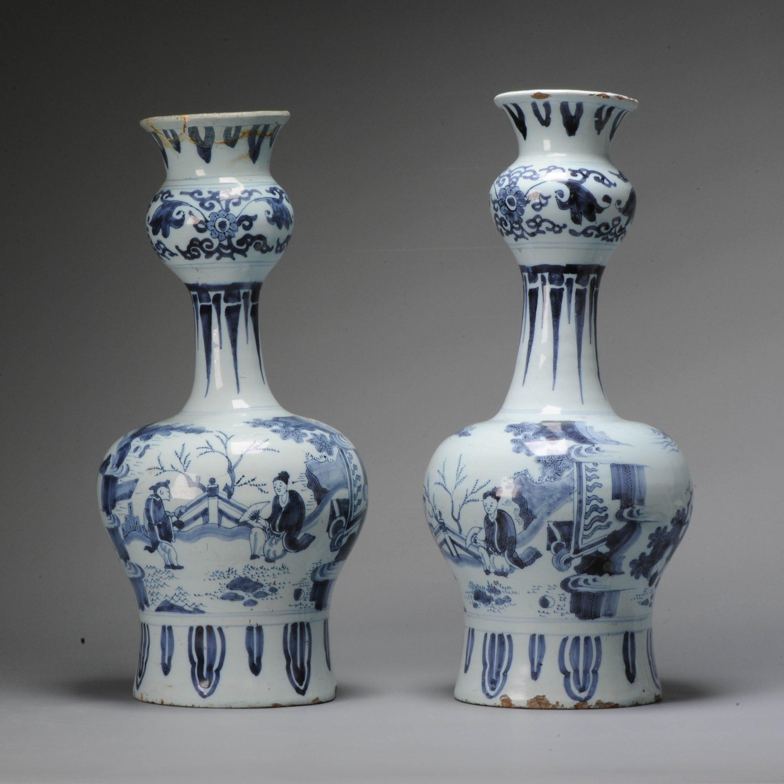 18th Century and Earlier Unusual Dutch Delftware Figural Earthenware Vases in Chinese Transitional Style For Sale