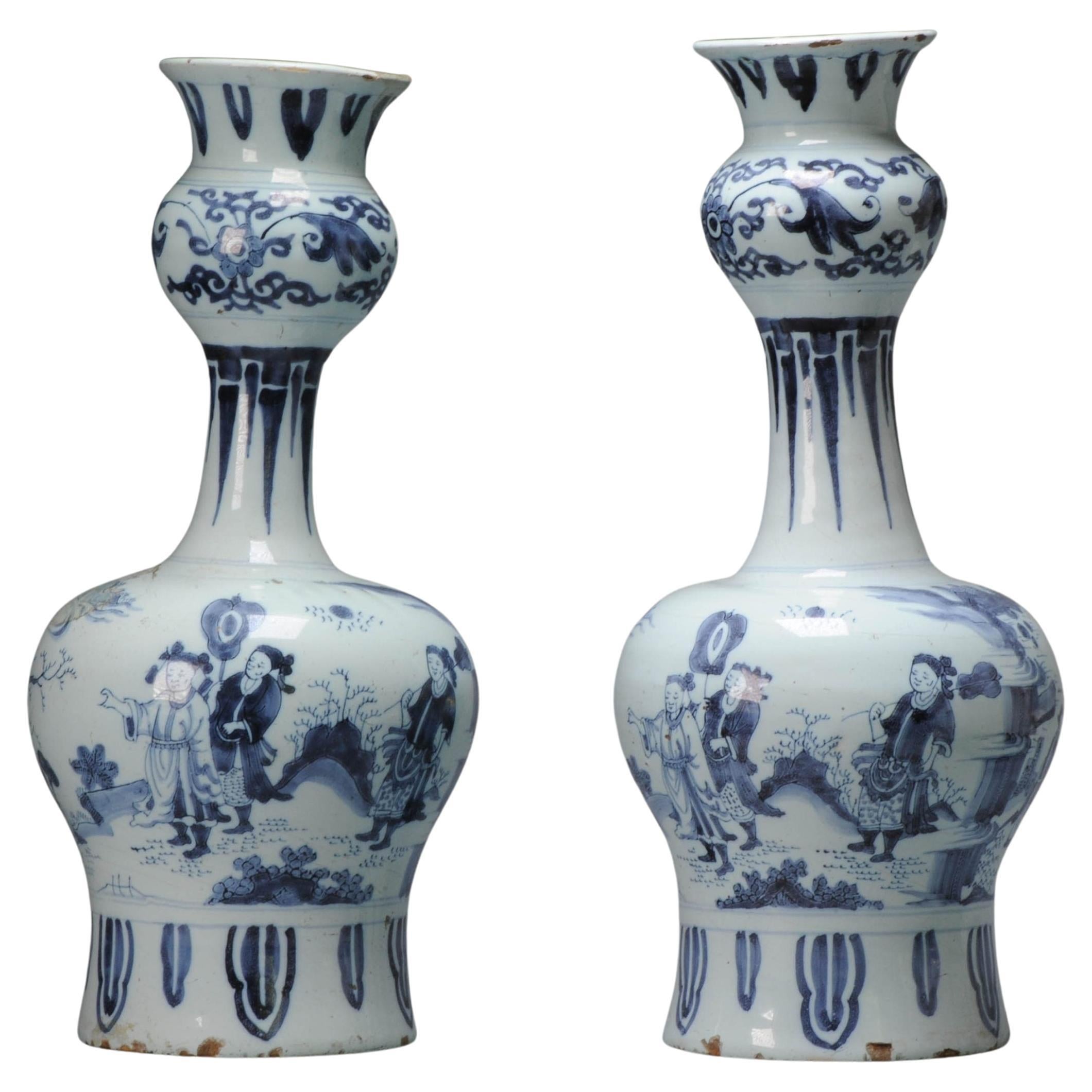 Unusual Dutch Delftware Figural Earthenware Vases in Chinese Transitional Style