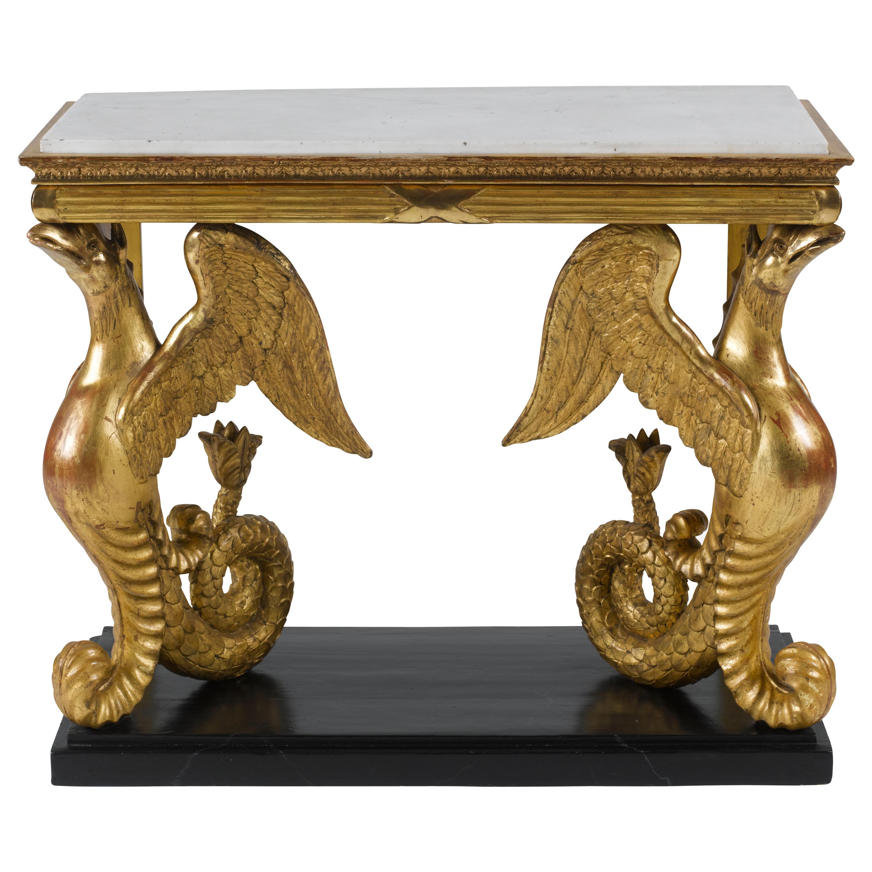 Insolite table console en bois doré sculpté suédois du début du 19e siècle