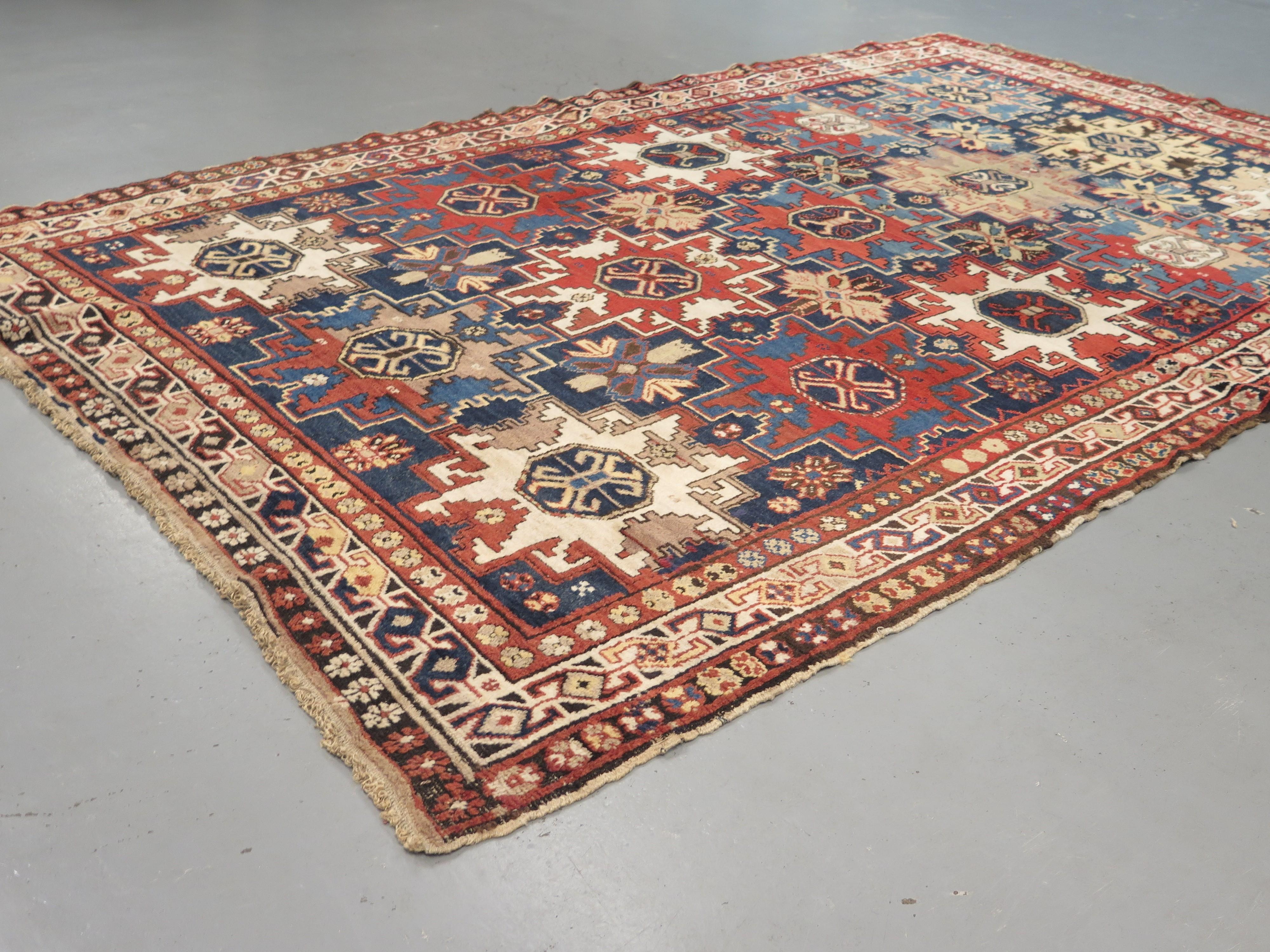 Antique Lesghi rugs, originating in an area now broadly covered by modern-day Azerbaijan, represent some of the finest carpets from the region, well known for their bold, graphic designs, combining an expressive tribal charm with high-quality