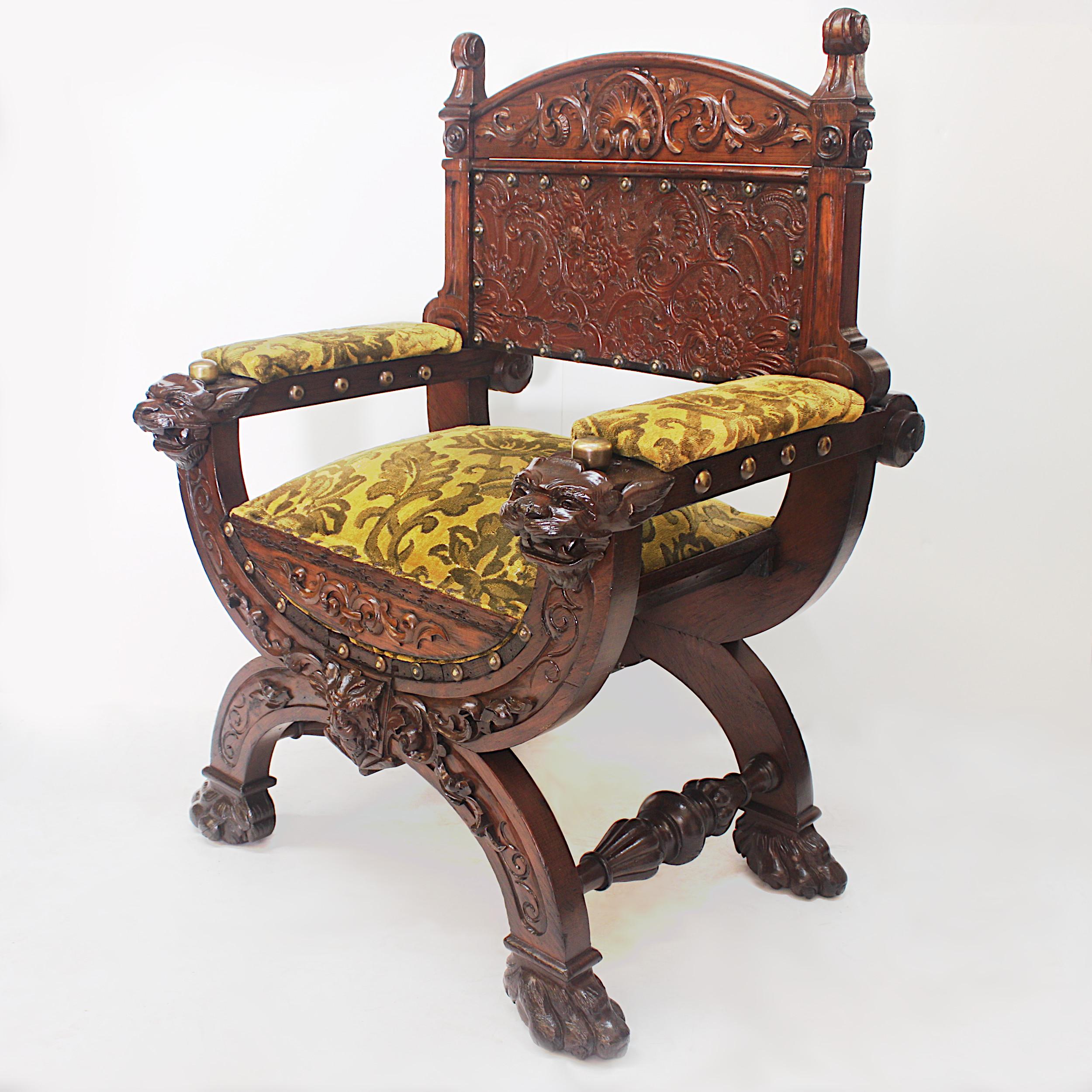 This is a very unique photographer's posing chair from the early 20th Century. Chair features original upholstery, tooled leather, ornately carved wood frame, and novel convertible design that allows the back, seat, and frame to be flipped around to
