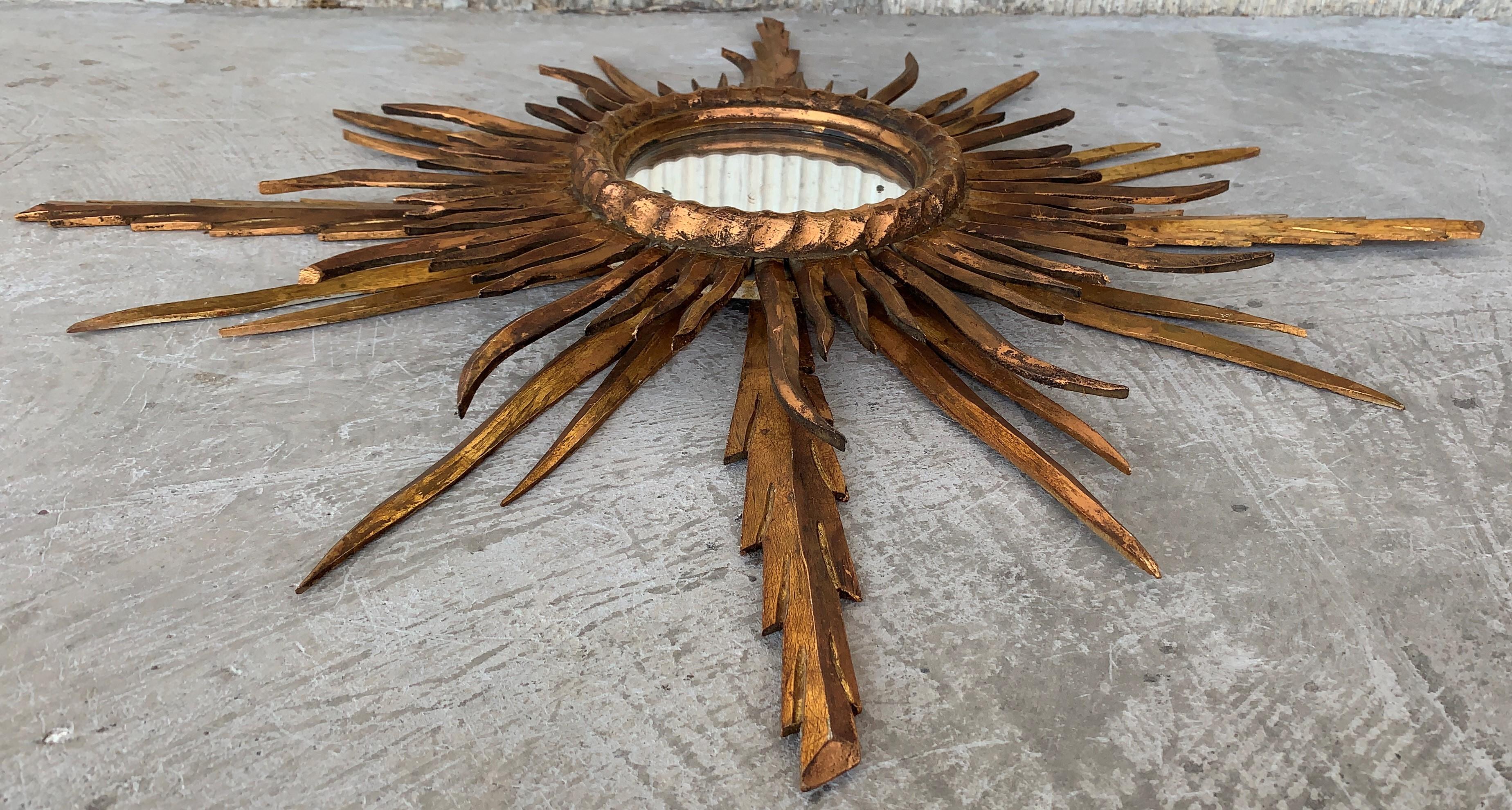 Mid-Century Modern Unusual Early 20th Century Spanish Giltwood Small Starburst Sunburst Mirror