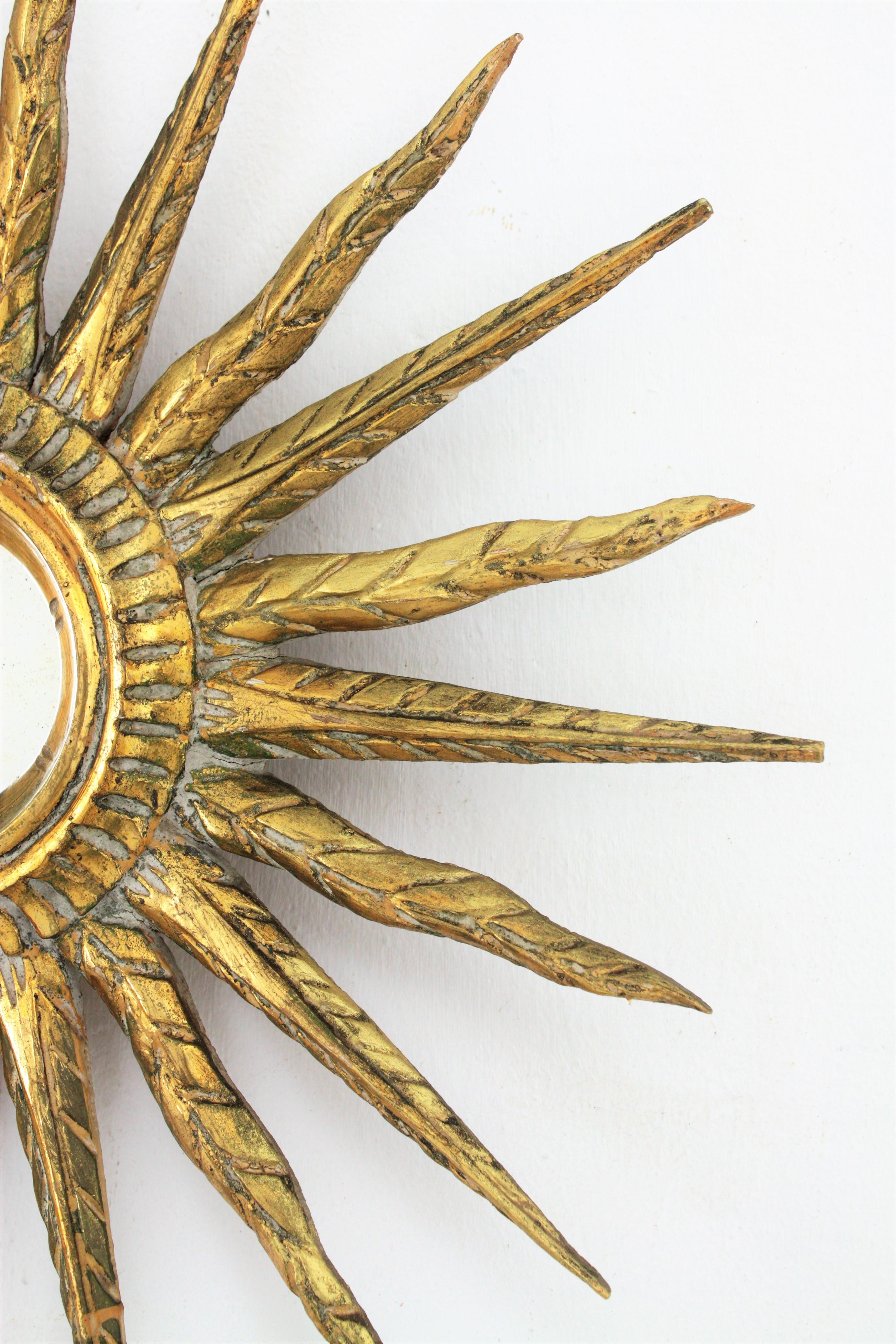 Baroque Spanish Carved Giltwood Starburst Sunburst Mirror For Sale