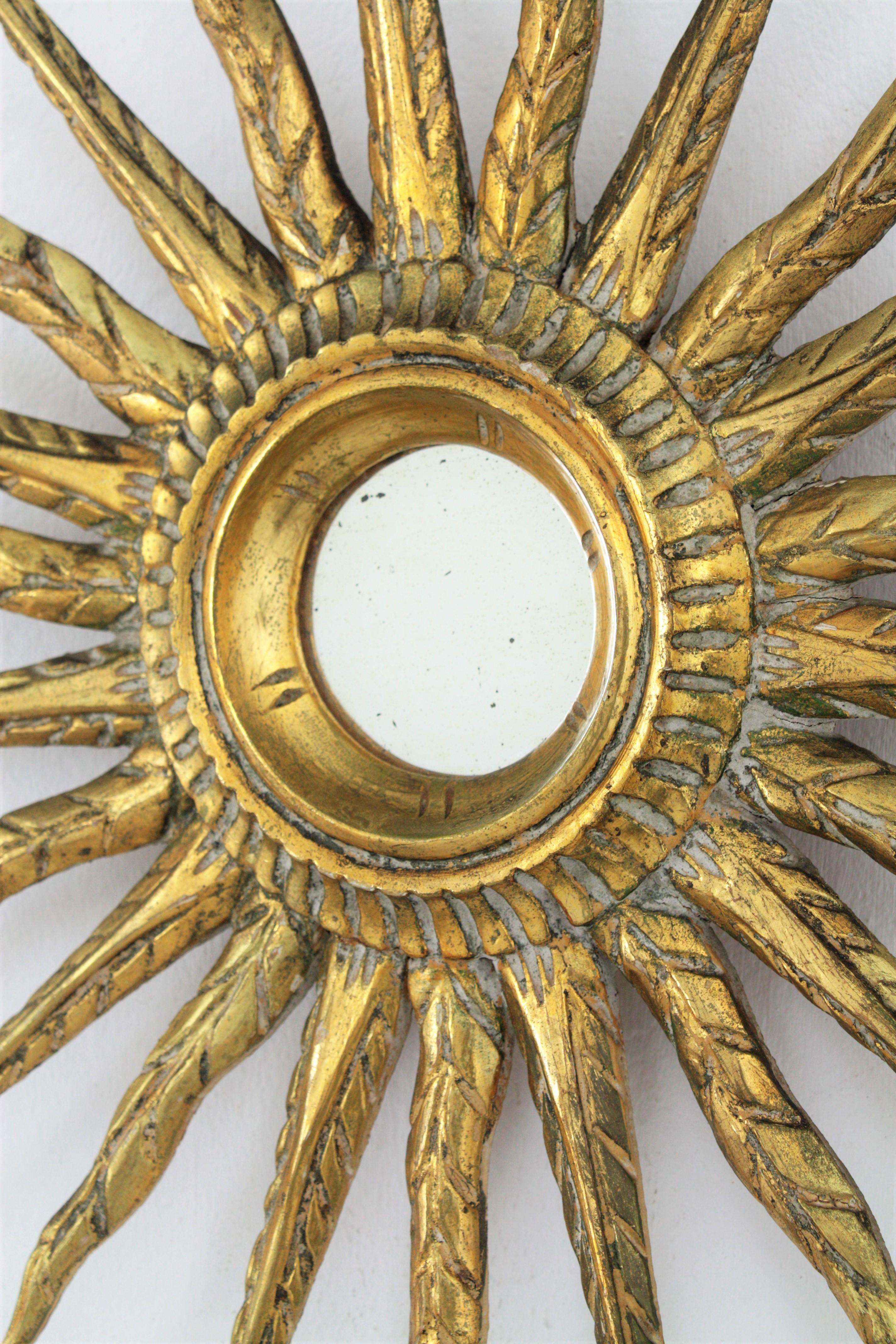 Hand-Crafted Spanish Carved Giltwood Starburst Sunburst Mirror For Sale
