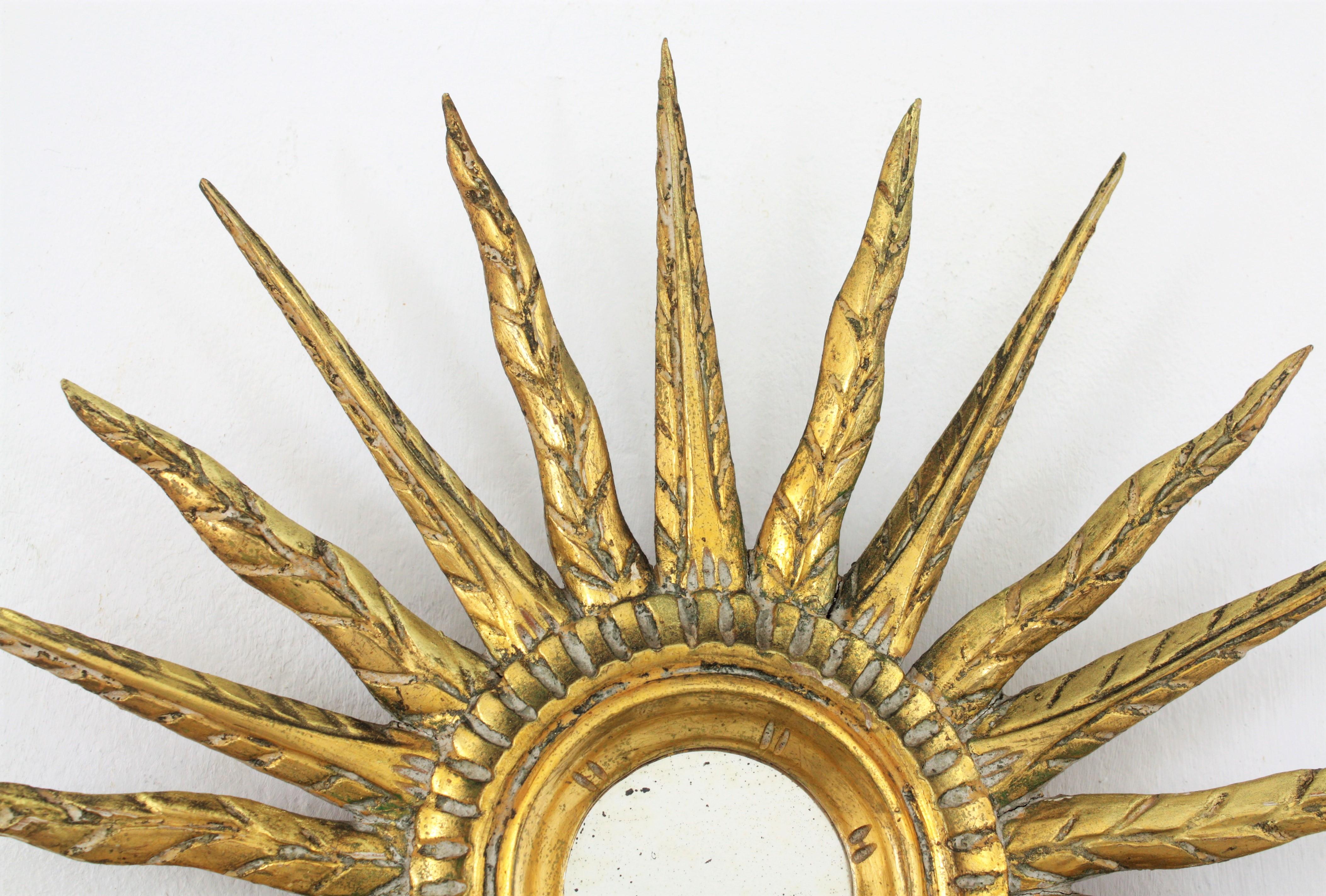 Wood Spanish Carved Giltwood Starburst Sunburst Mirror For Sale