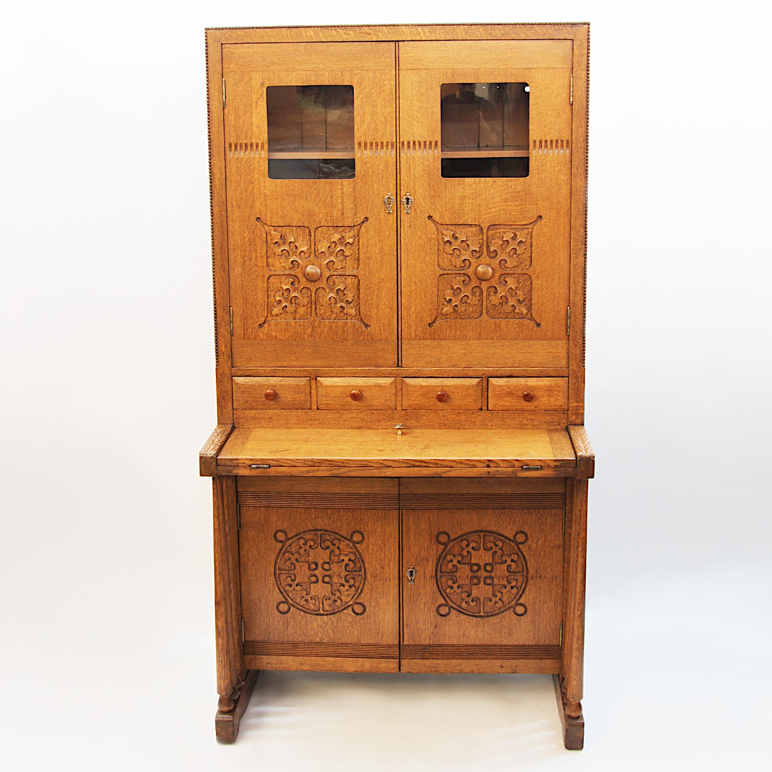 Arts and Crafts Unusual Early 20th Century Vintage Oak Arts & Crafts Drop Front Secretary Desk