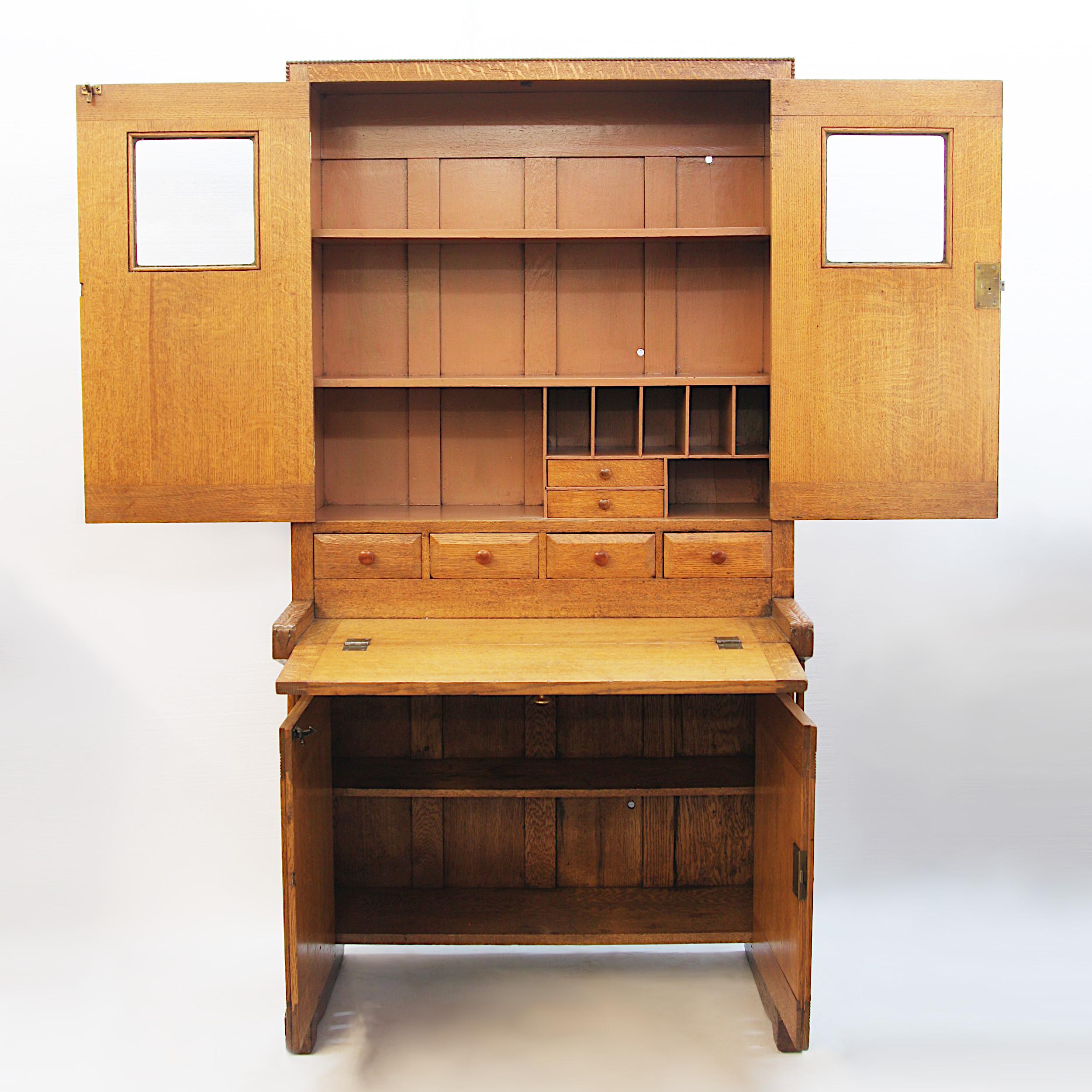 American Unusual Early 20th Century Vintage Oak Arts & Crafts Drop Front Secretary Desk