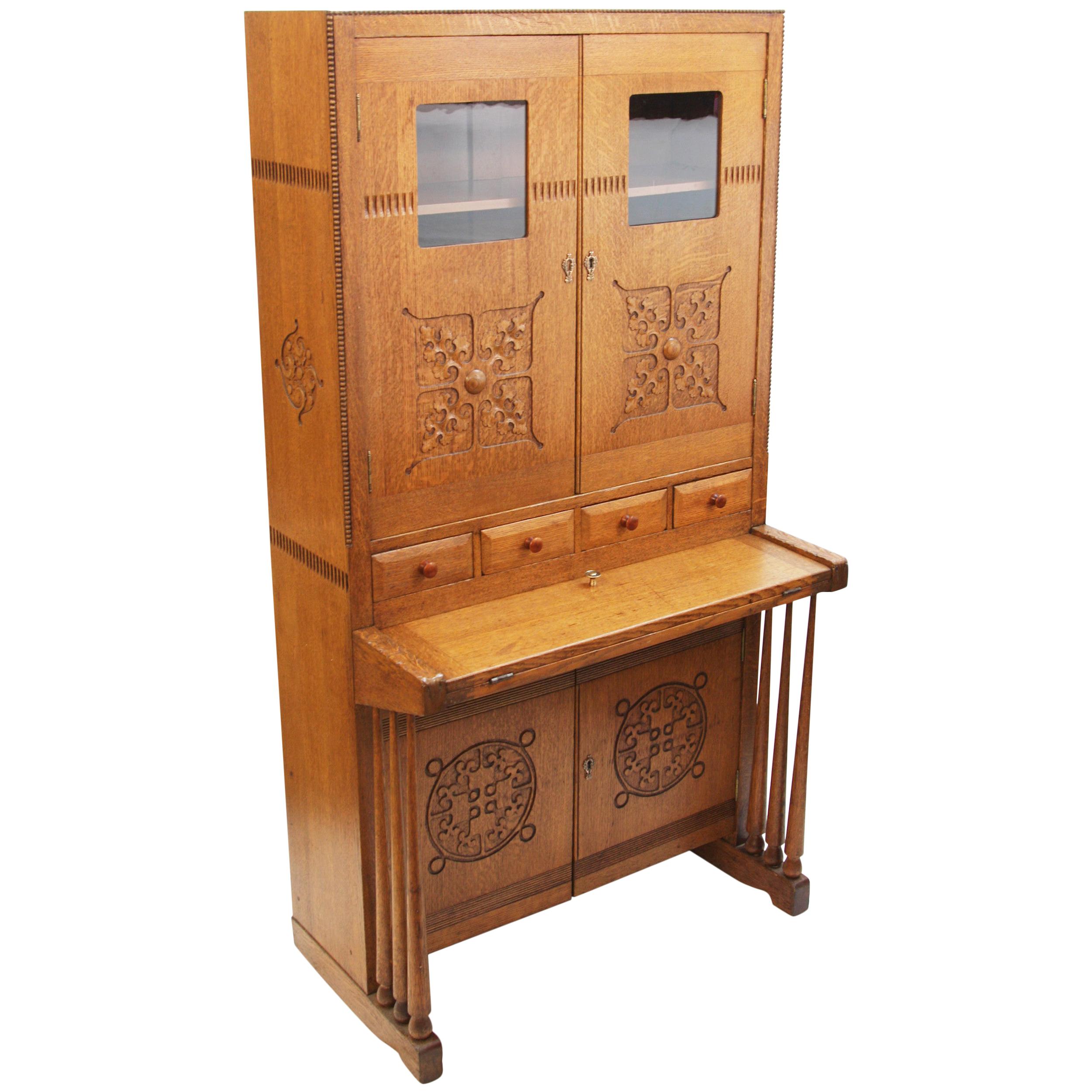 Unusual Early 20th Century Vintage Oak Arts & Crafts Drop Front Secretary Desk