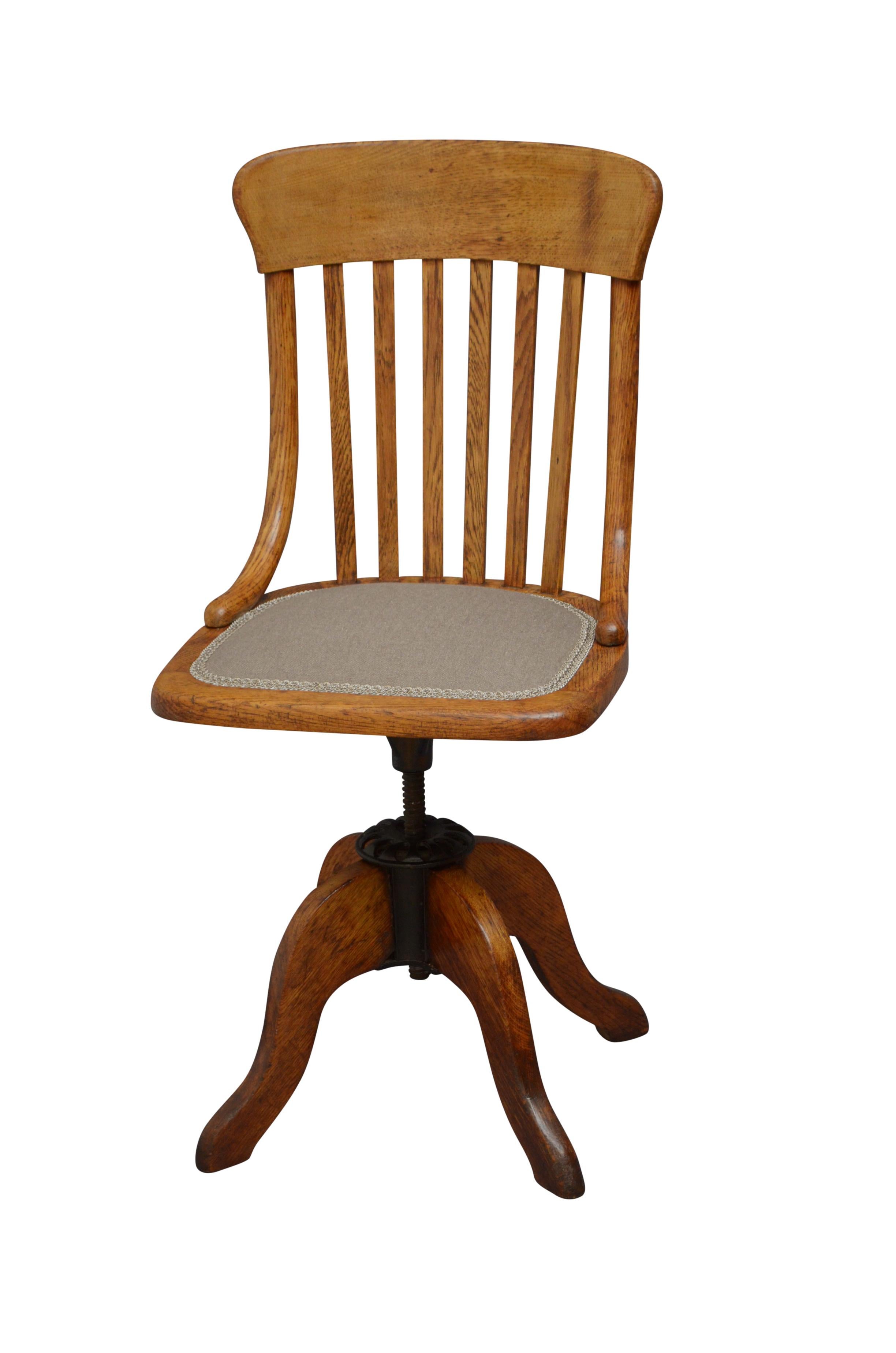Unusual Early 20th Century Solid Oak Office Chair 6