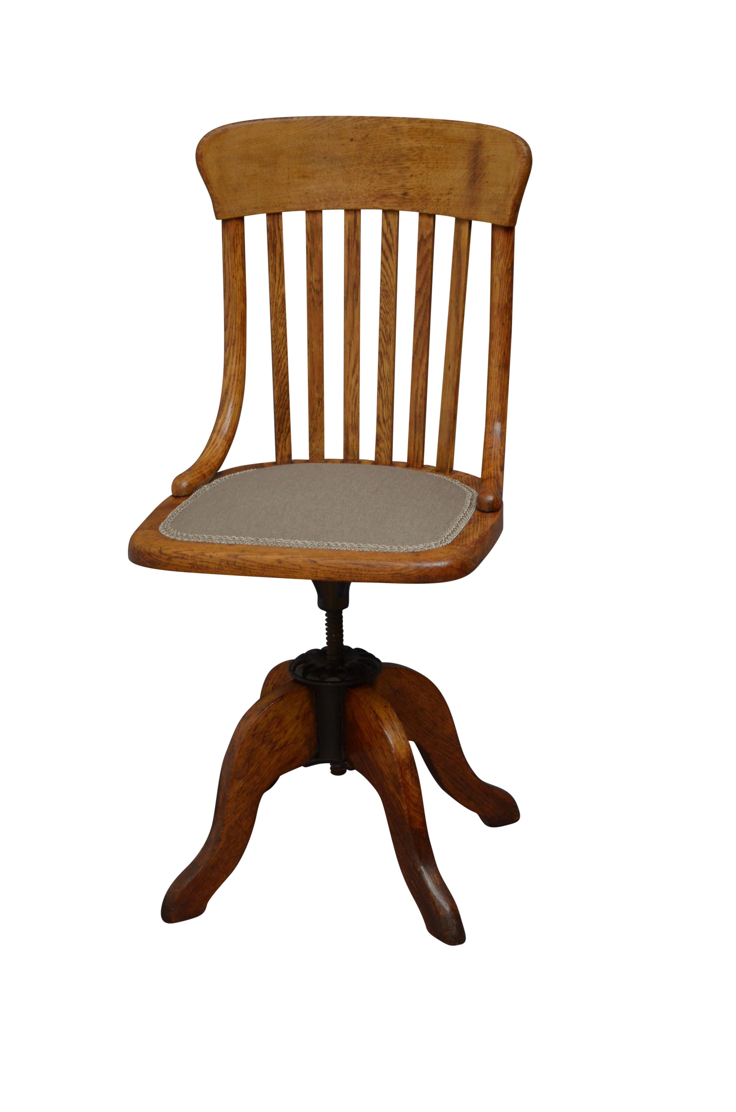 Unusual Early 20th Century Solid Oak Office Chair 7
