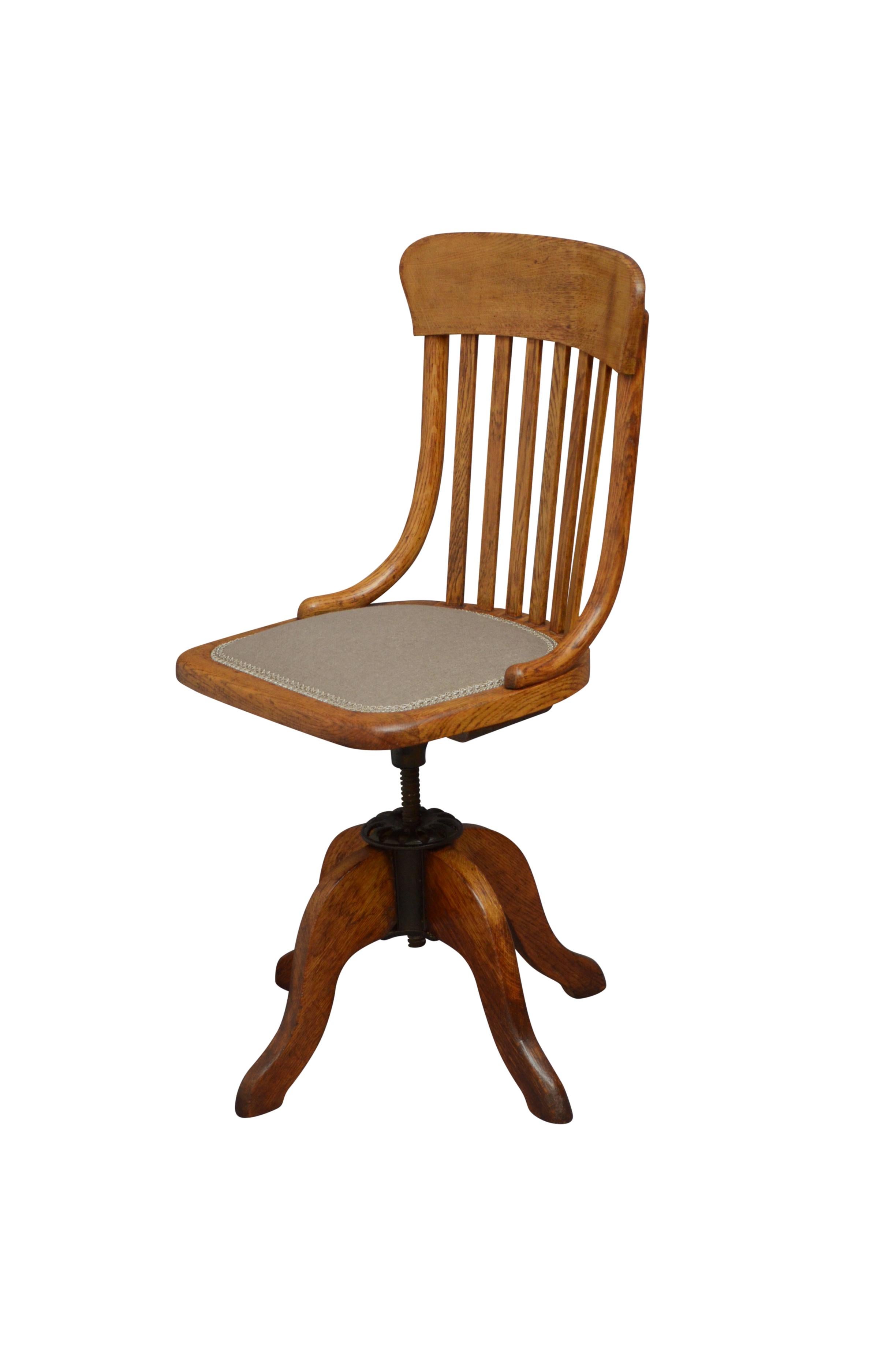 Unusual Early 20th Century Solid Oak Office Chair 8